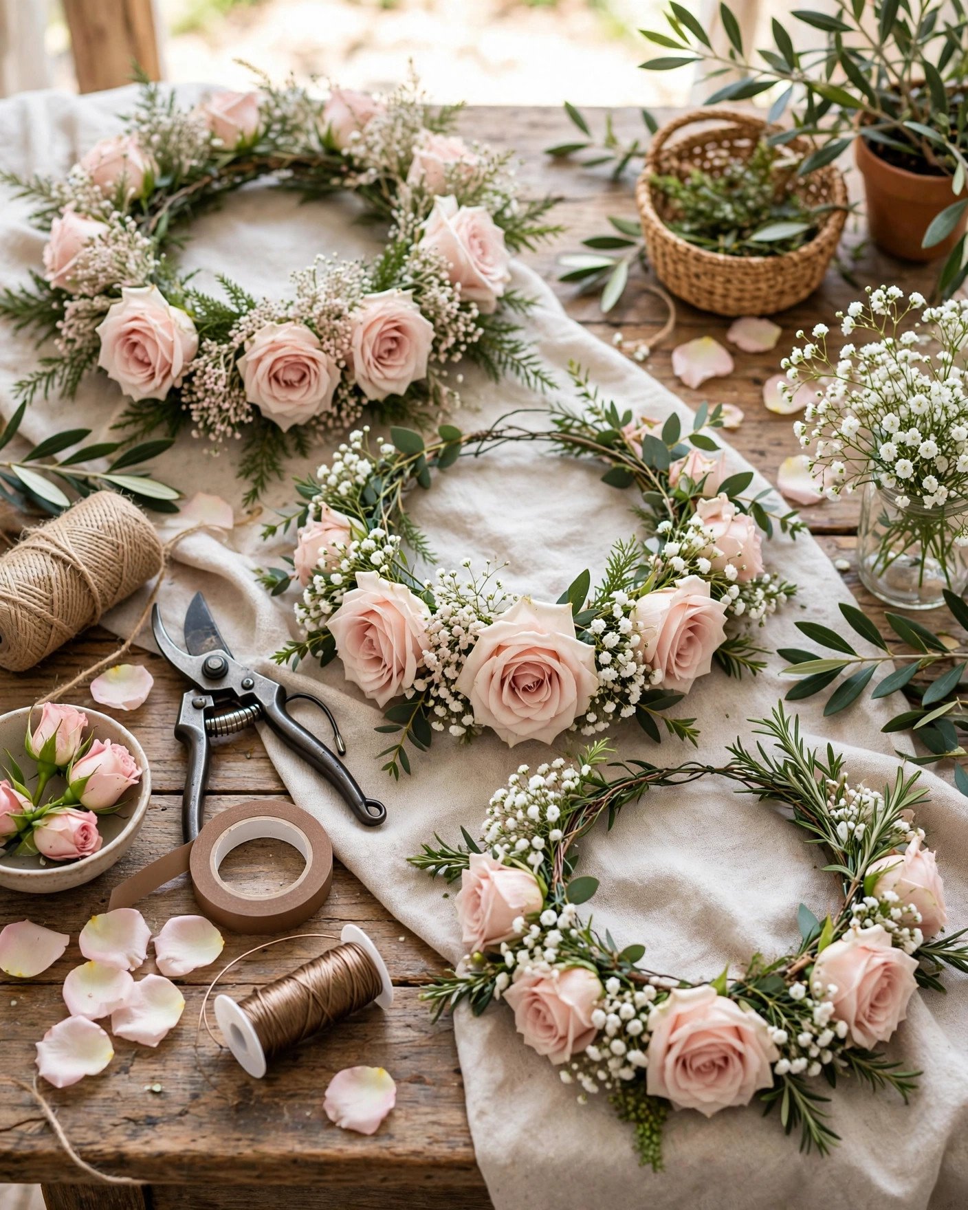 Handmade DIY flower crowns with roses and baby's breath on a rustic table