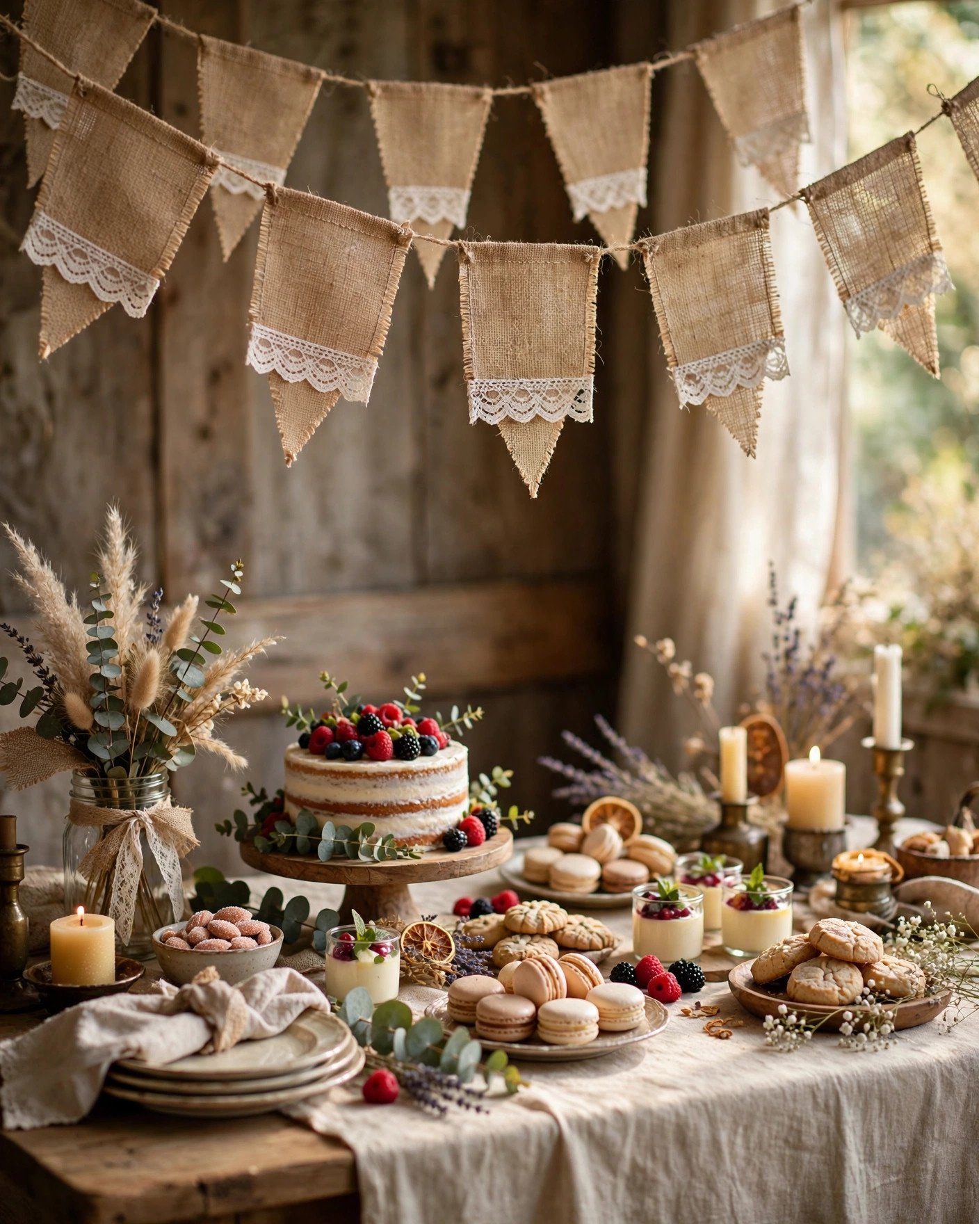 DIY burlap and lace wedding banners strung with twine over a dessert table