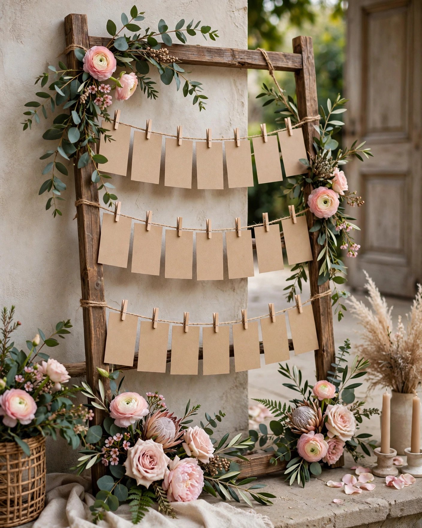 DIY wedding escort card display with cards clipped to twine on a wooden frame