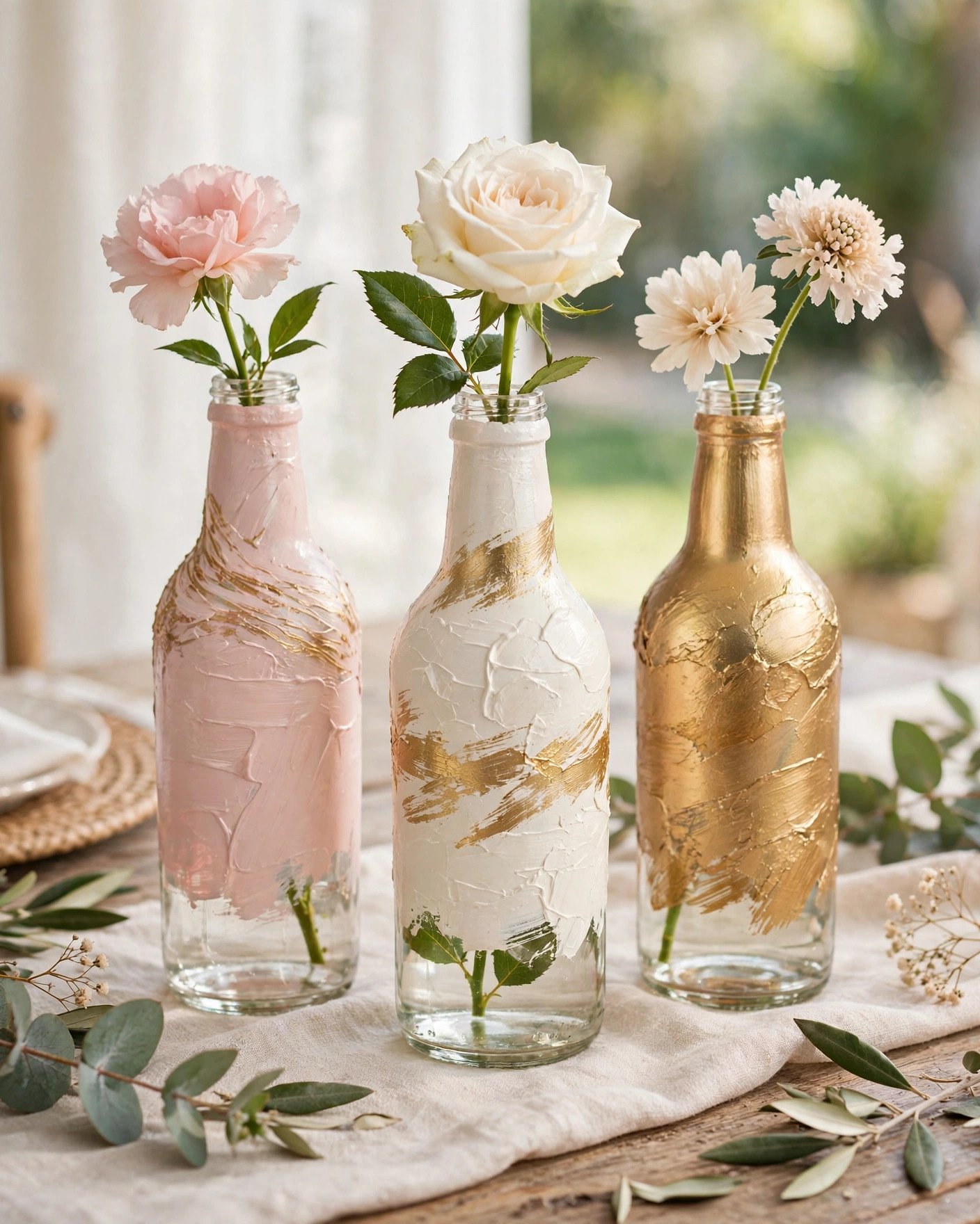 DIY hand-painted glass bottles in blush and gold as wedding bud vases
