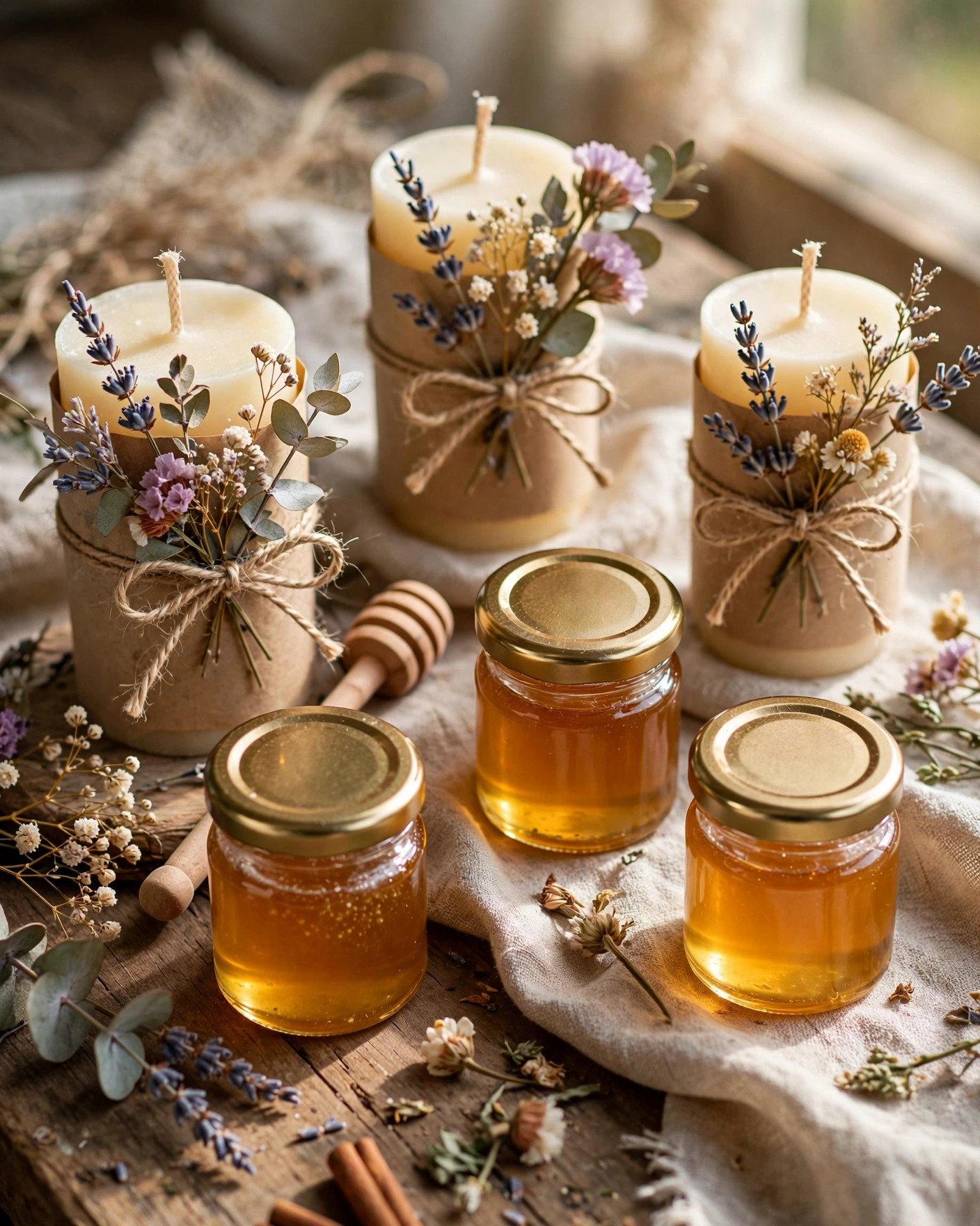 DIY personalized wedding favors with honey jars and candles wrapped in kraft paper