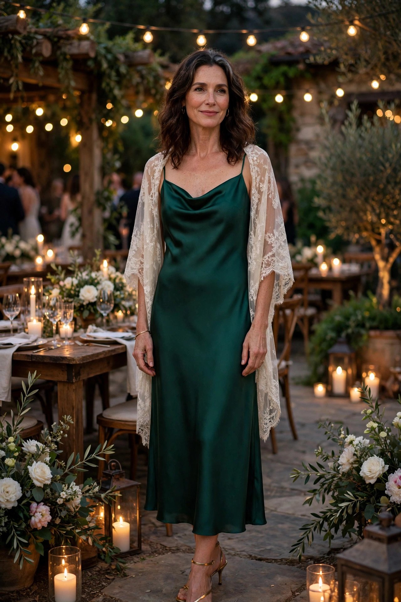 Elegant woman in her late 40s wearing an emerald green satin slip midi dress with a shawl at an evening wedding reception