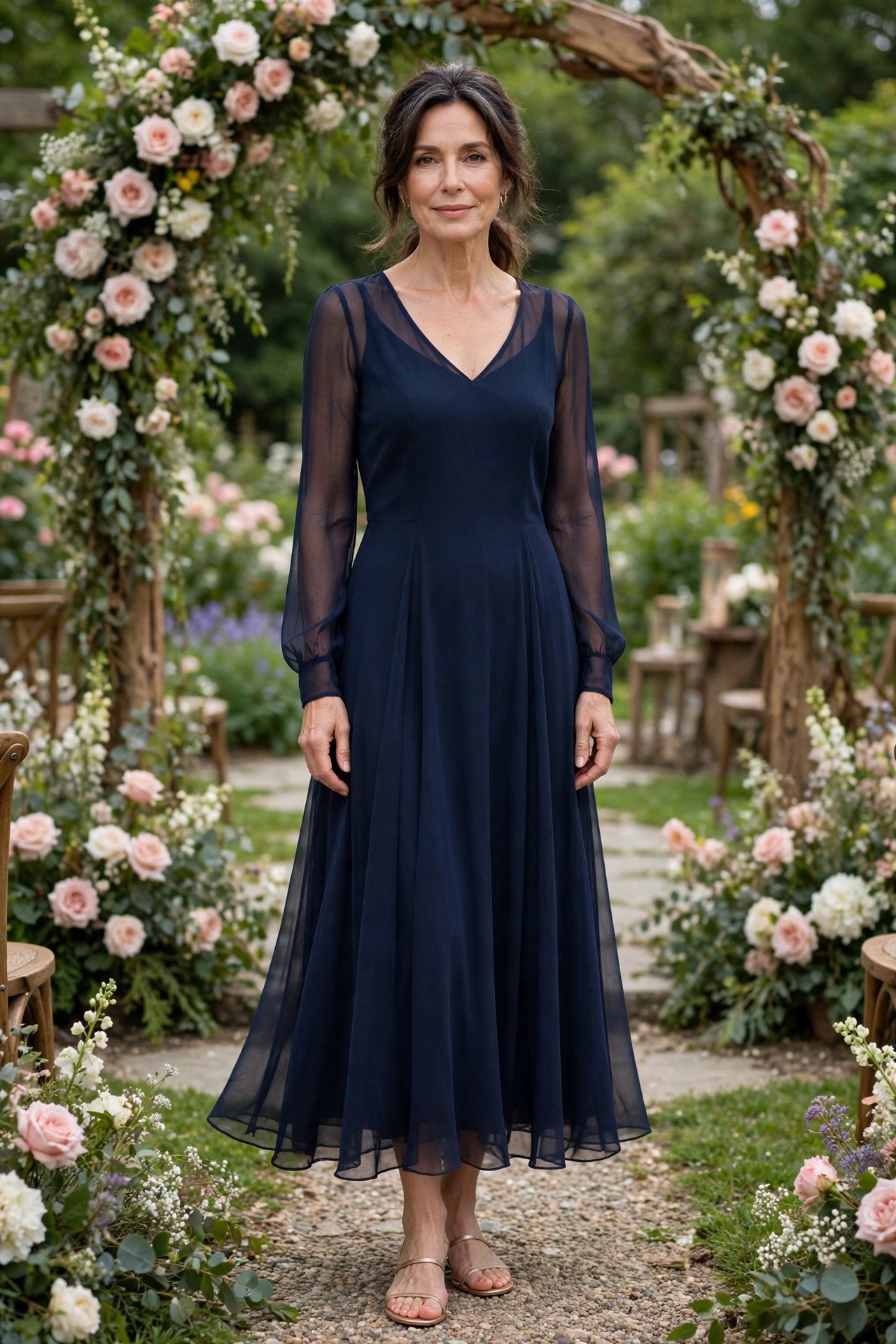 Elegant woman in her early 50s wearing a navy blue chiffon midi dress with sheer long sleeves at an outdoor wedding