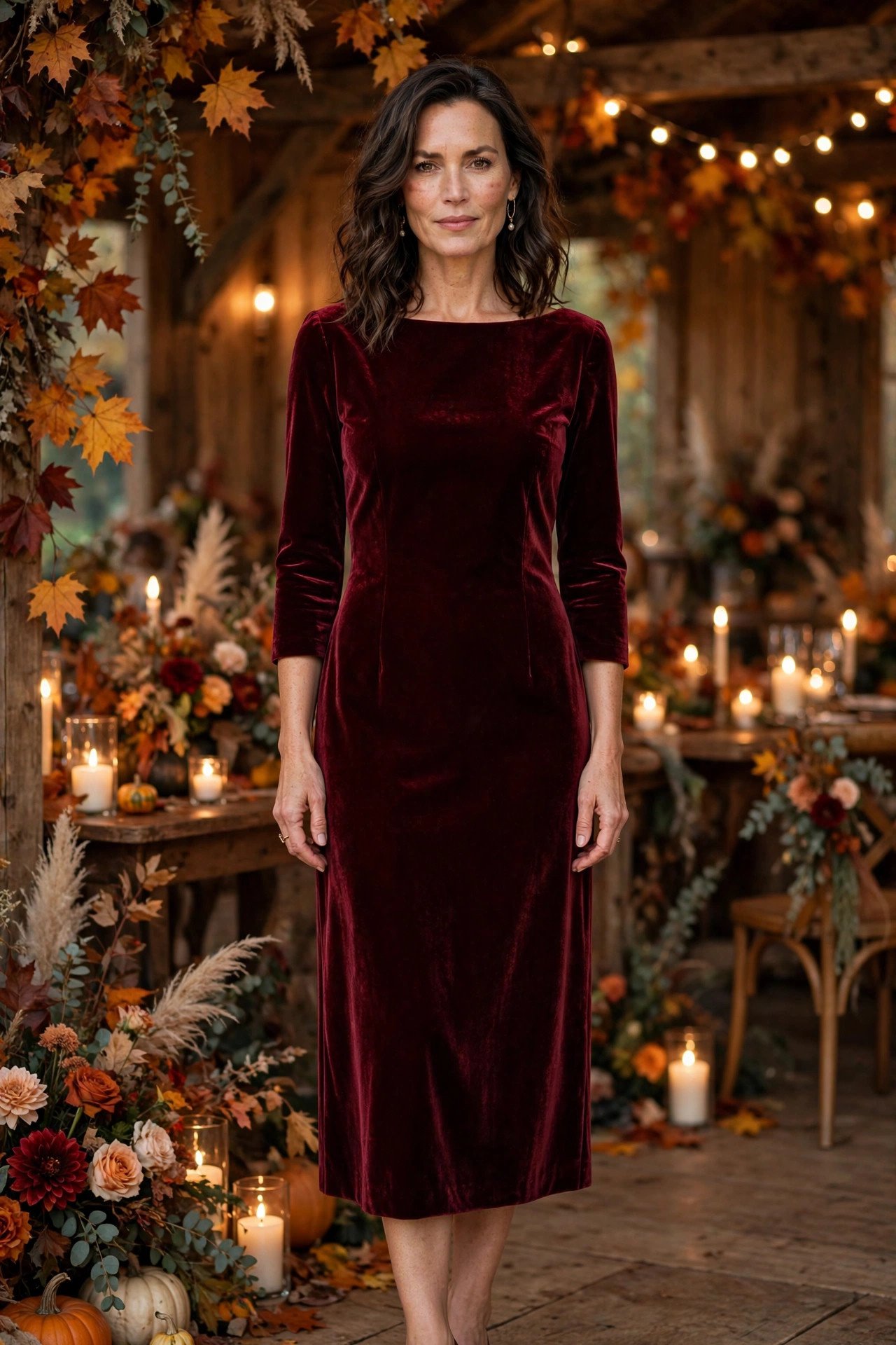 Elegant woman in her late 40s wearing a burgundy velvet midi dress with three-quarter sleeves at an autumn wedding