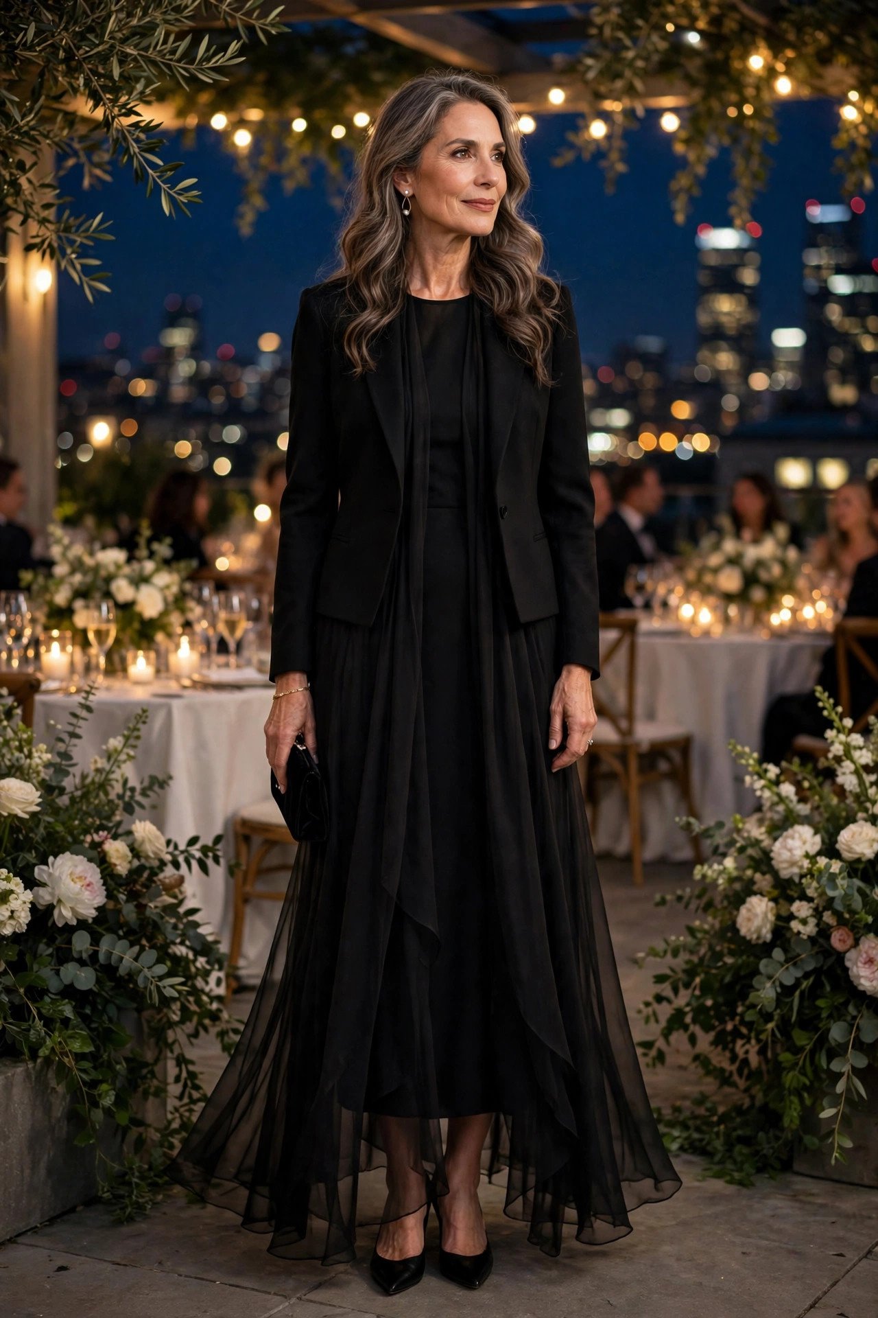 Elegant woman in her early 50s wearing a black sheath dress with chiffon overlay and a tailored jacket at an evening wedding