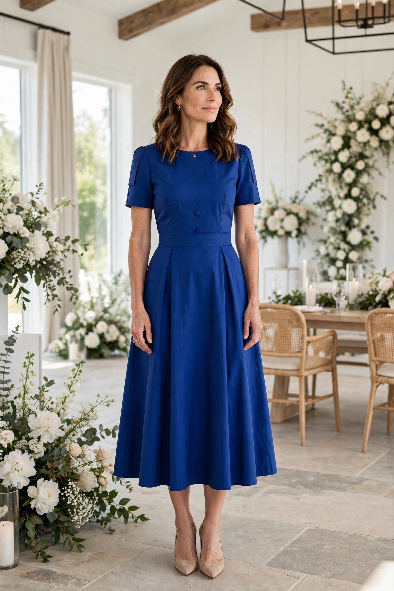 Elegant woman in her mid 40s wearing a royal blue fit-and-flare midi dress with short sleeves at a modern wedding venue