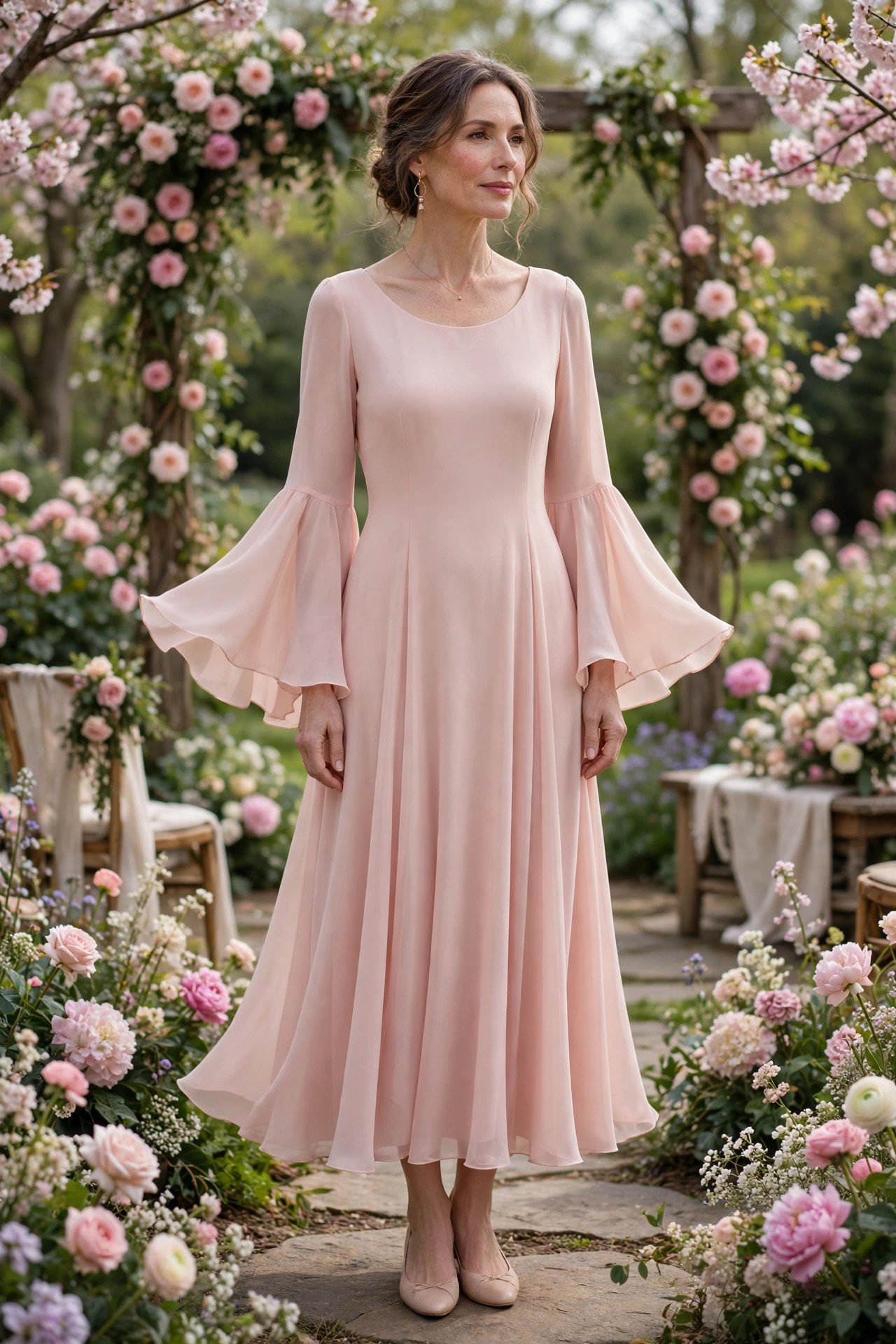 Elegant woman in her late 40s wearing a blush pink midi dress with bell sleeves in a spring wedding garden