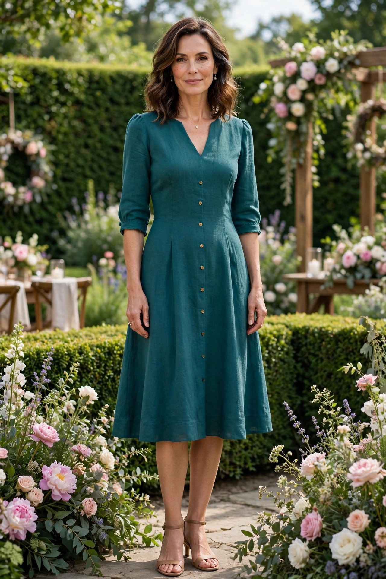 Elegant woman in her mid 40s wearing a teal A-line tea dress with elbow-length sleeves at a garden wedding