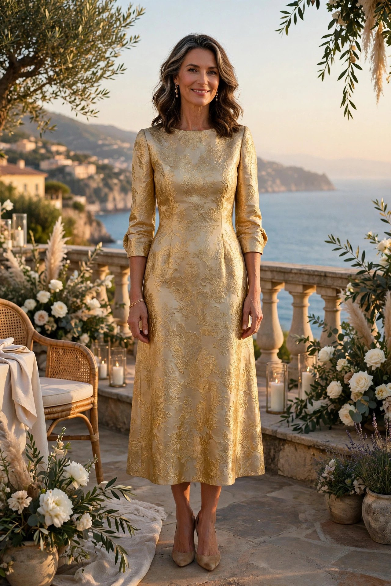 Elegant woman in her early 50s wearing a soft gold brocade midi dress with three-quarter sleeves on a summer wedding terrace