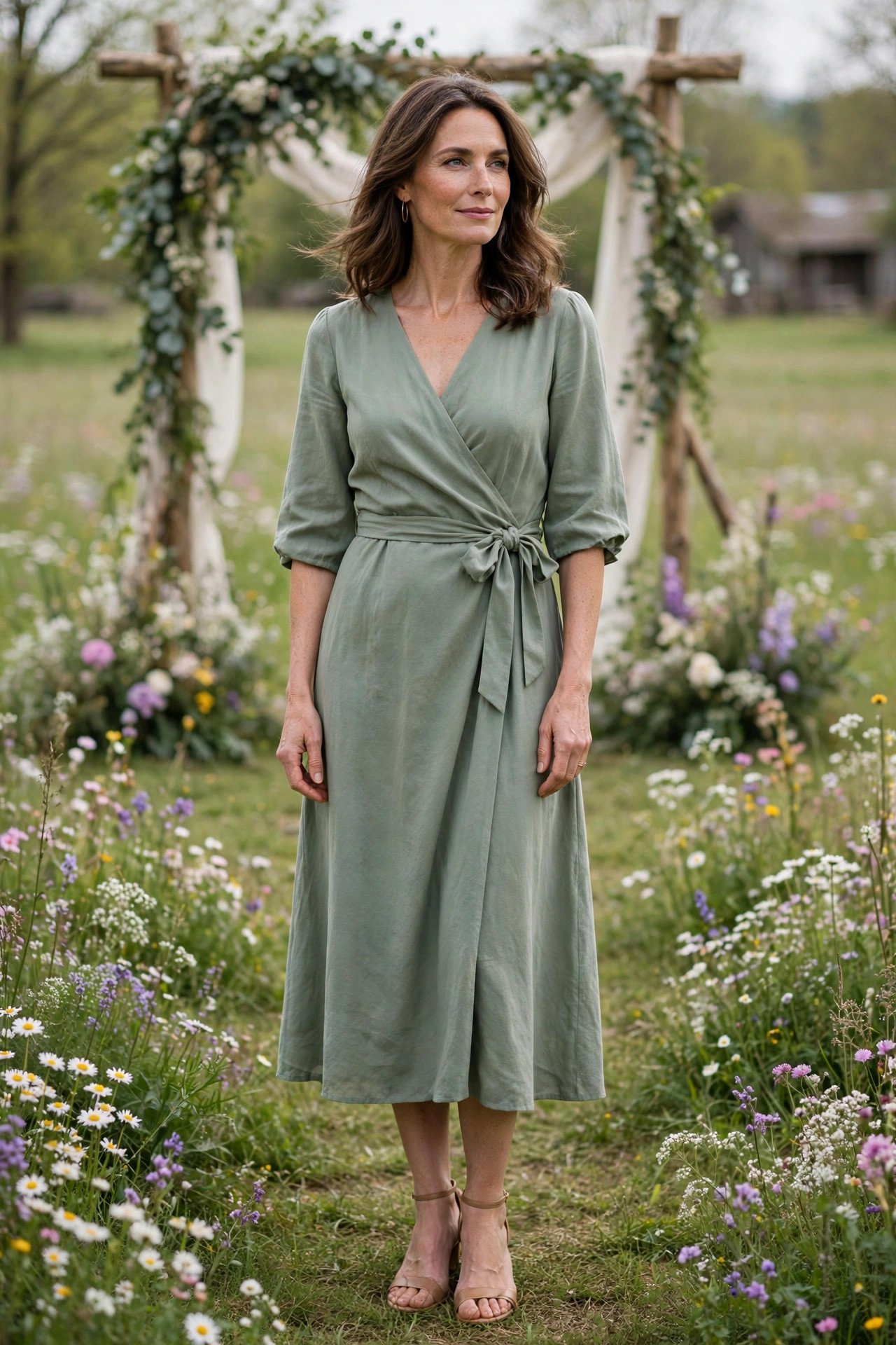 Elegant woman in her mid 40s wearing a sage green wrap midi dress with elbow-length sleeves at a spring meadow wedding