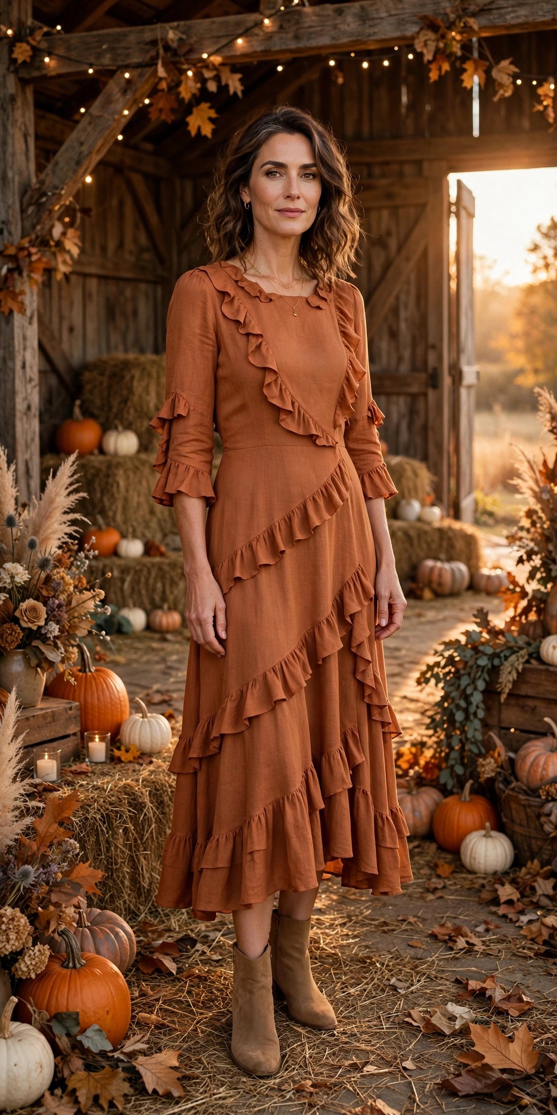 Elegant woman in her late 40s wearing a terracotta ruffle midi dress with three-quarter sleeves at a rustic autumn barn wedding