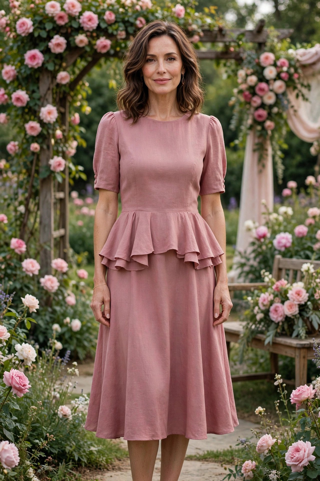 Elegant woman in her 40s wearing a dusty rose peplum dress with short sleeves at a summer garden wedding