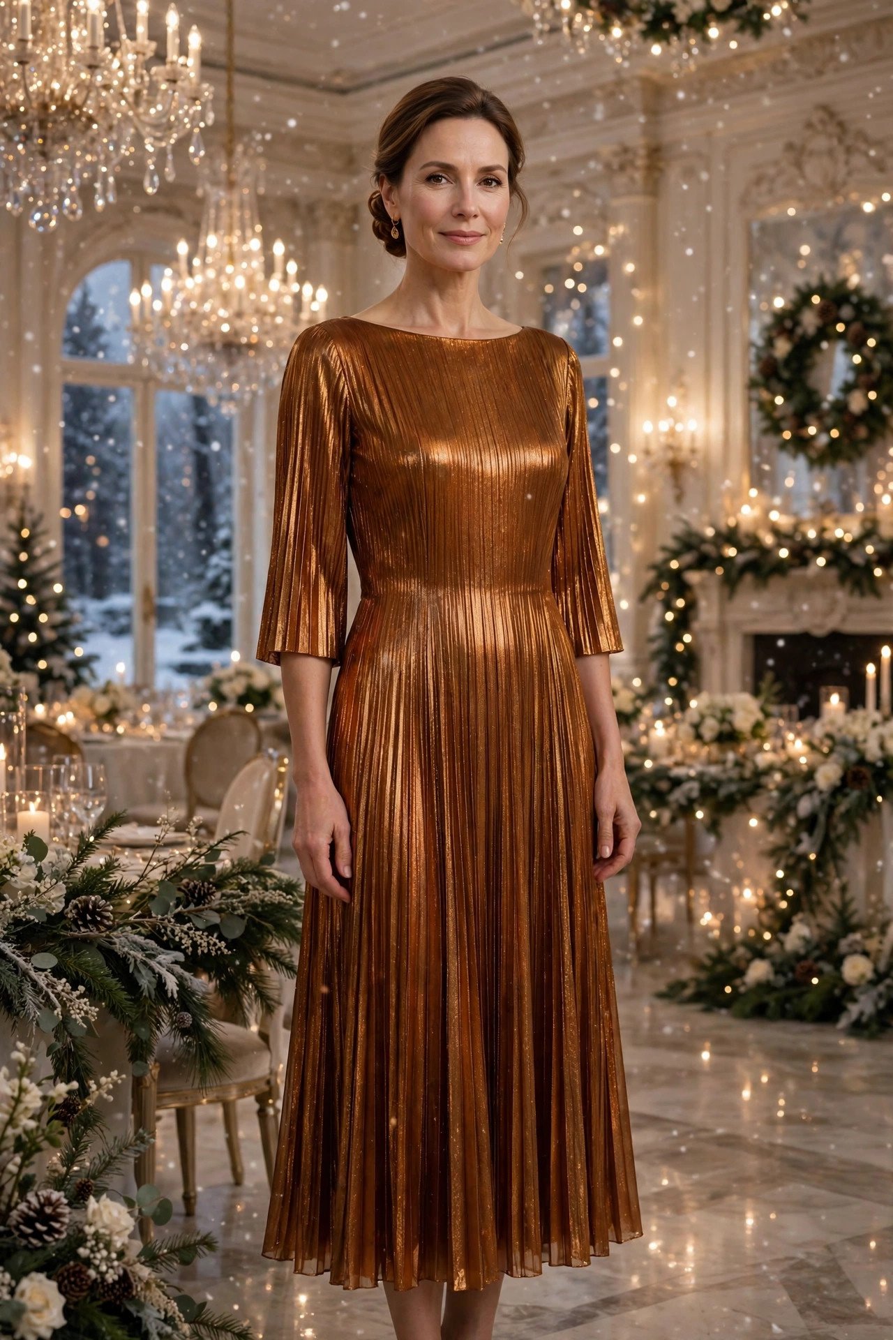 Elegant woman in her mid 40s wearing an amber metallic pleated midi dress with boat neckline in a winter wedding ballroom