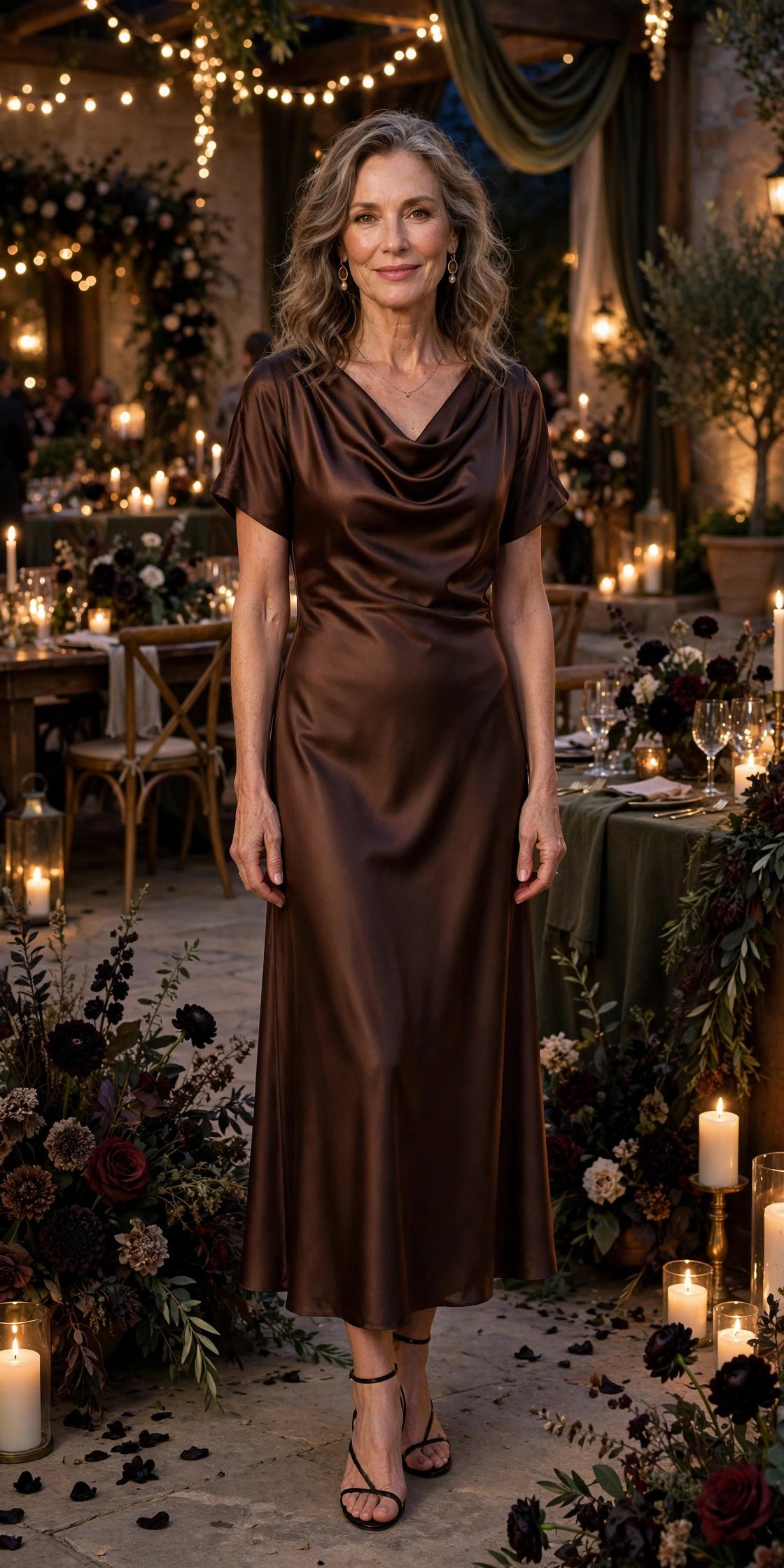 Elegant woman in her early 50s wearing a chocolate brown satin midi dress with cowl neckline at an evening wedding reception