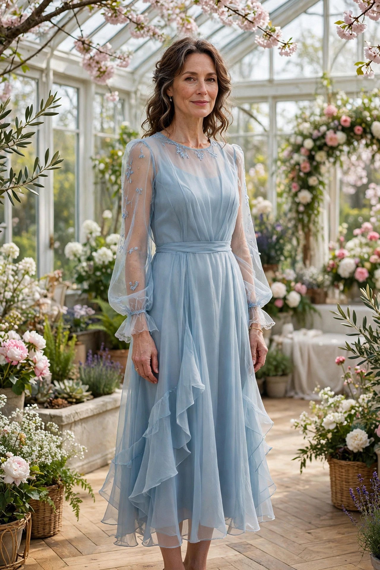 Elegant woman in her mid 40s wearing a powder blue organza midi dress with sheer long sleeves in a spring wedding conservatory