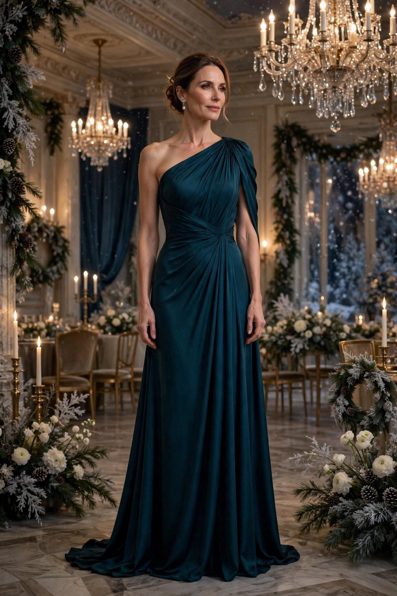 Elegant woman in her late 40s wearing a deep teal one-shoulder formal gown in a winter wedding ballroom