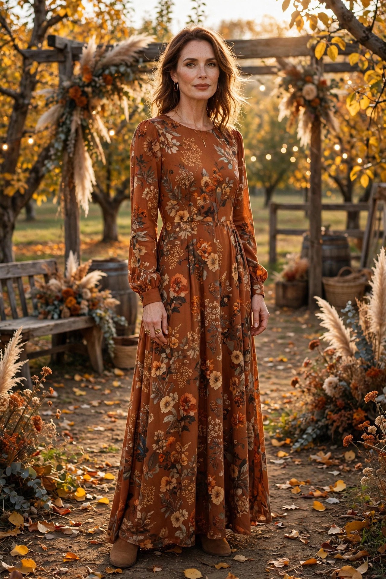 Elegant woman in her 40s wearing a rust floral print maxi dress with long sleeves at a fall orchard wedding