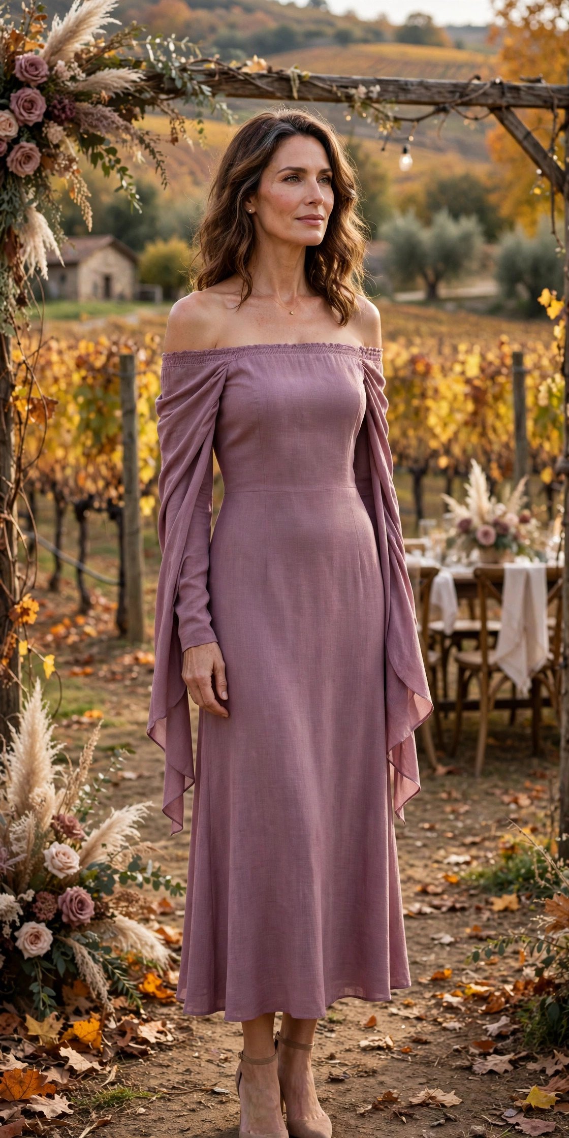 Elegant woman in her late 40s wearing a mauve off-shoulder midi dress with long draped sleeves at an autumn vineyard wedding