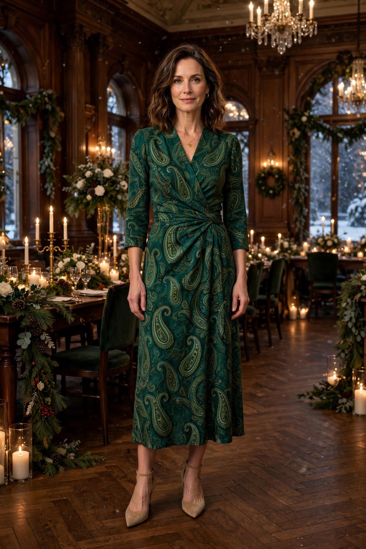 Elegant woman in her mid 40s wearing an emerald paisley print midi dress with three-quarter sleeves at a winter wedding hall