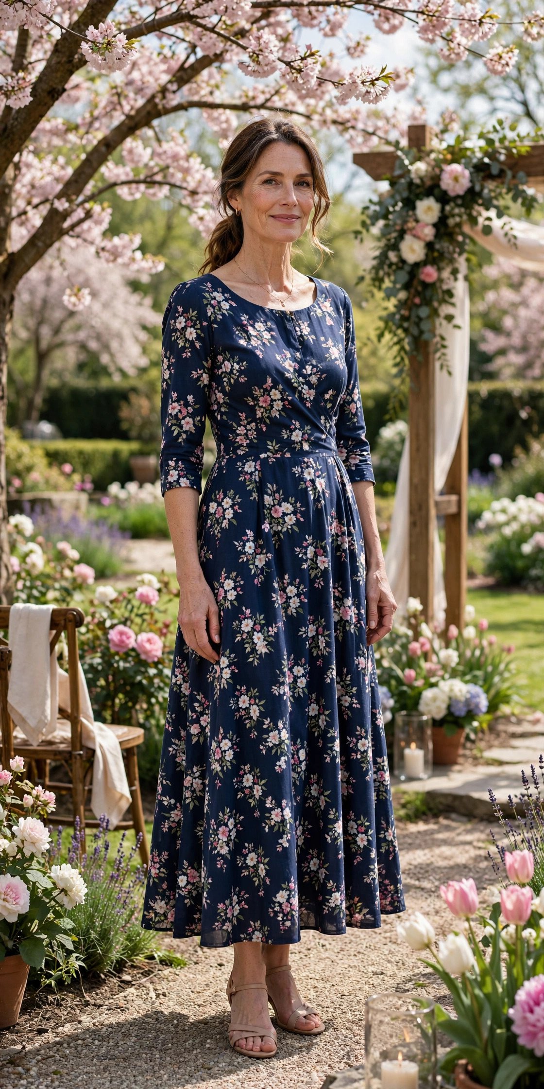 Elegant woman in her early 50s wearing a navy floral tea dress with elbow-length sleeves in a spring wedding garden