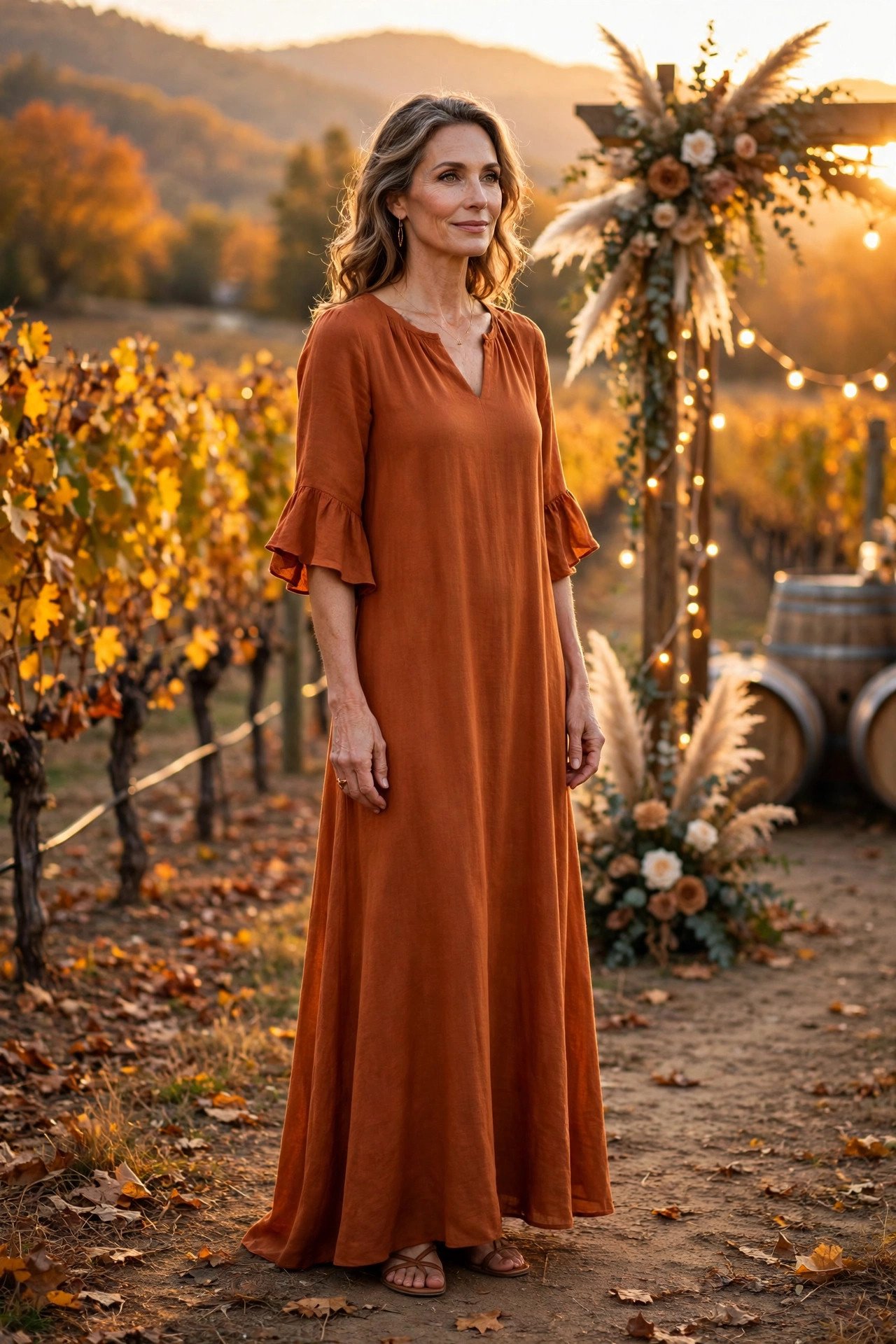 Elegant woman in her late 40s wearing a burnt orange maxi dress with flutter sleeves at a fall vineyard wedding at sunset