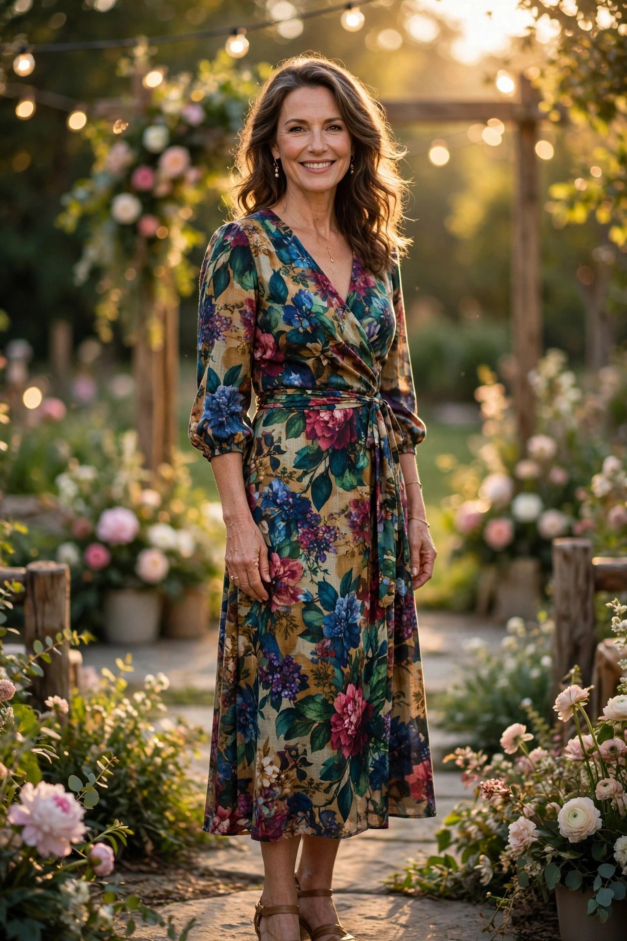 Elegant woman in her late 40s wearing a classy floral wedding guest dress in a sunlit wedding garden