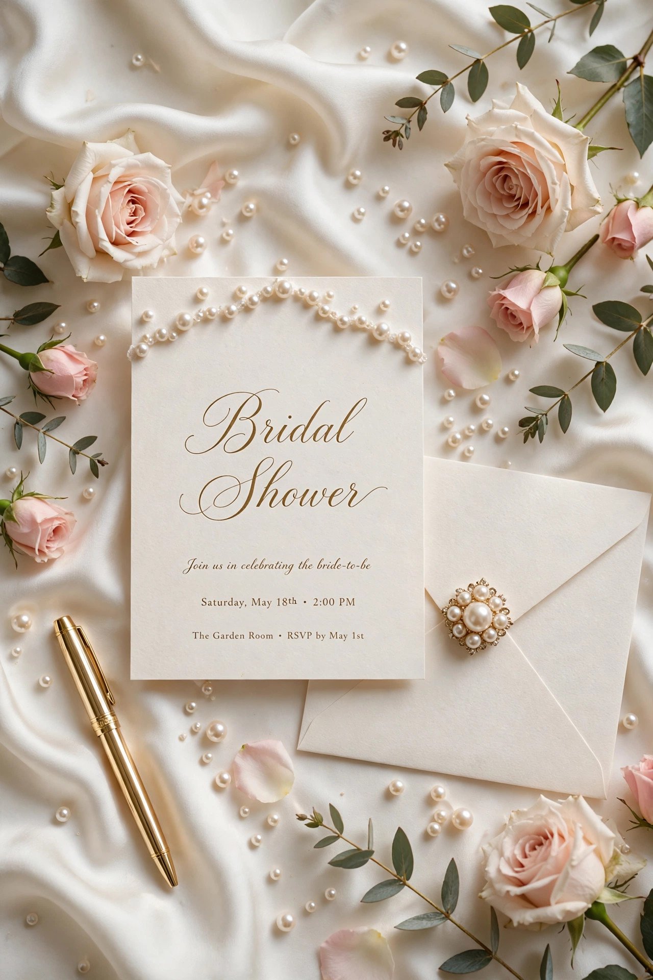 Elegant pearls and prosecco bridal shower invitation suite with gold calligraphy and pearl accents