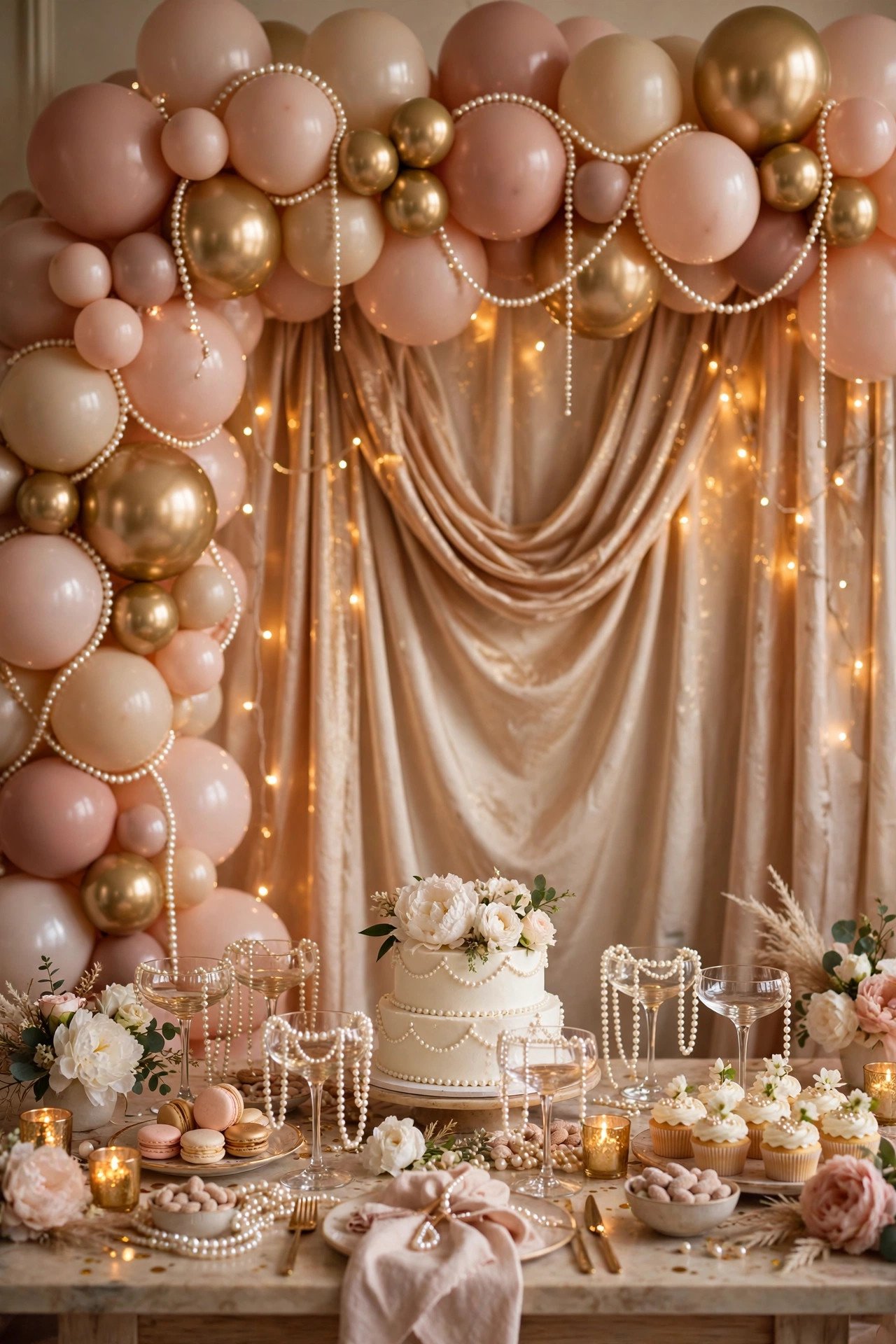 Glamorous pearls and prosecco bridal shower decor with blush and gold balloon garland and pearl strands