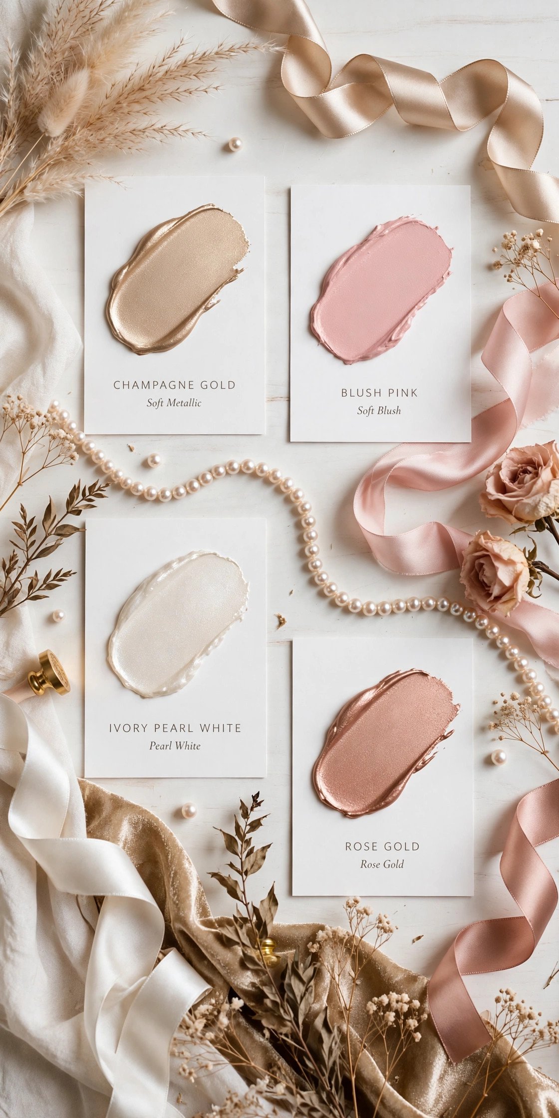 Pearls and prosecco bridal shower color palette flat lay with champagne gold, blush, ivory and rose gold swatches