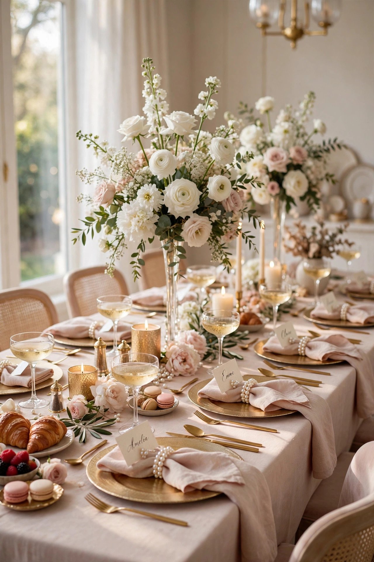 Elegant pearls and prosecco bridal shower brunch table with gold chargers, blush napkins and floral centerpieces