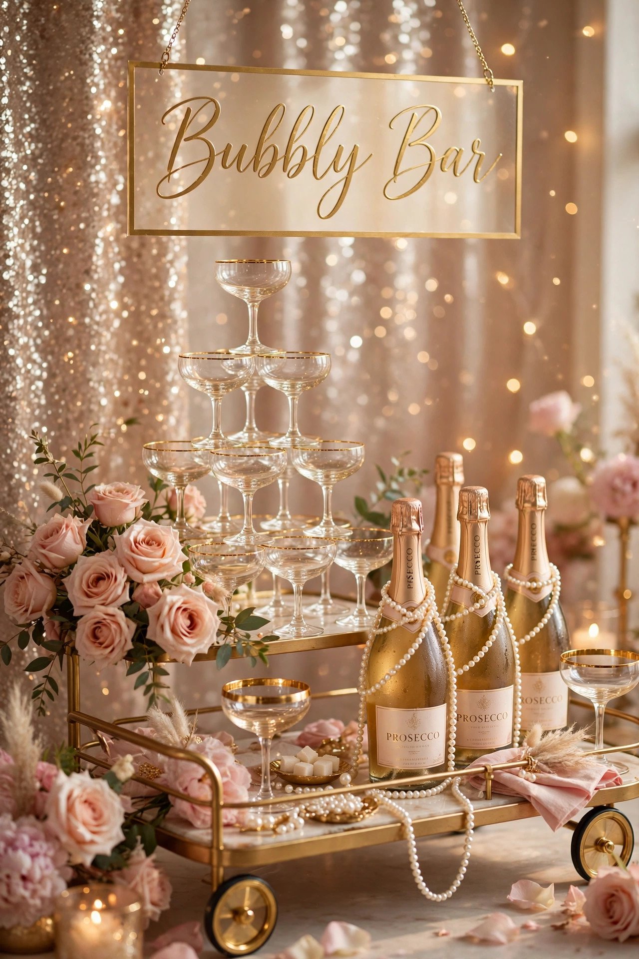 Glamorous prosecco bar cart with champagne coupe tower, gold glasses and blush roses for a bridal shower