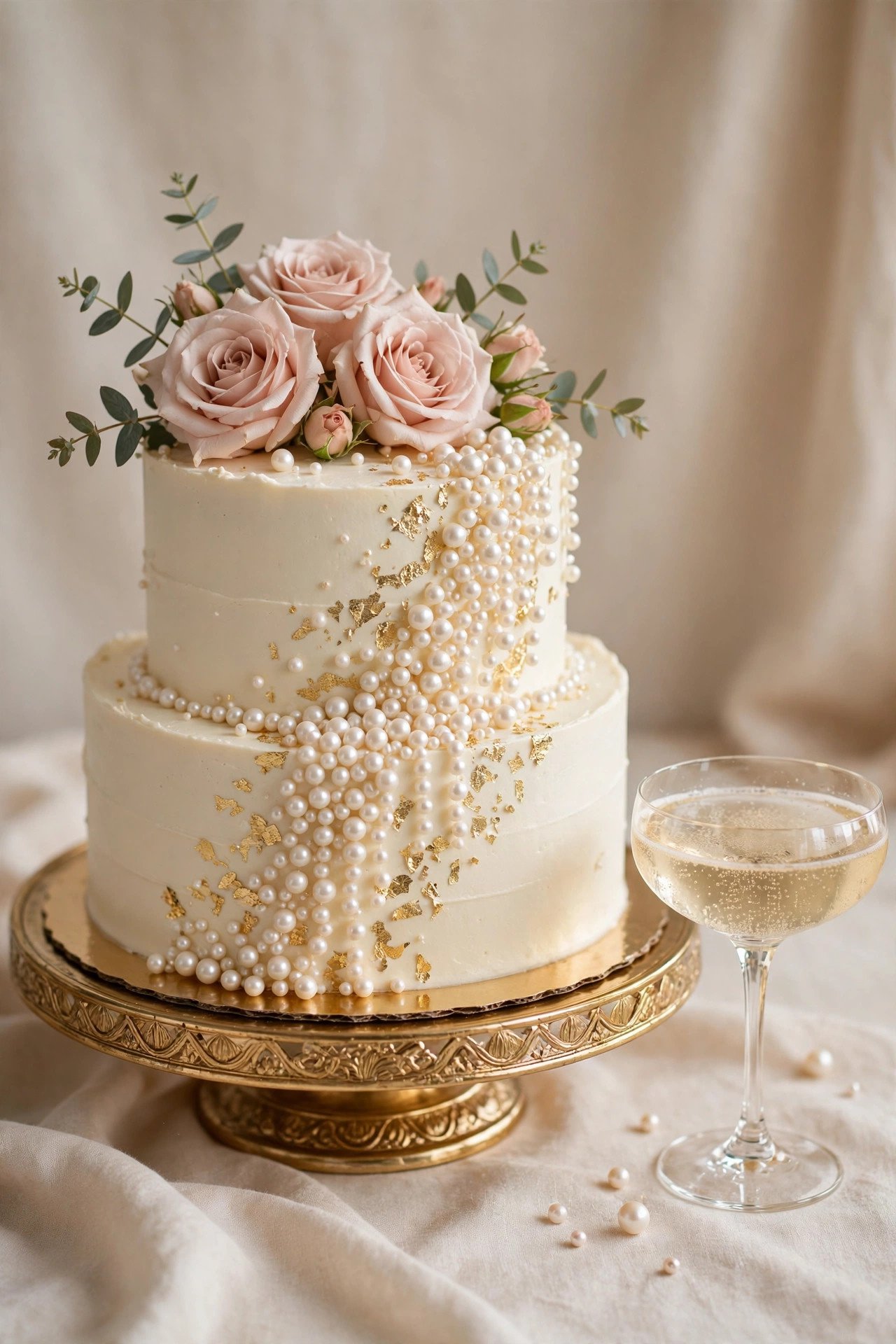 Elegant pearls and prosecco bridal shower cake with cascading edible pearls and gold leaf on a gold stand