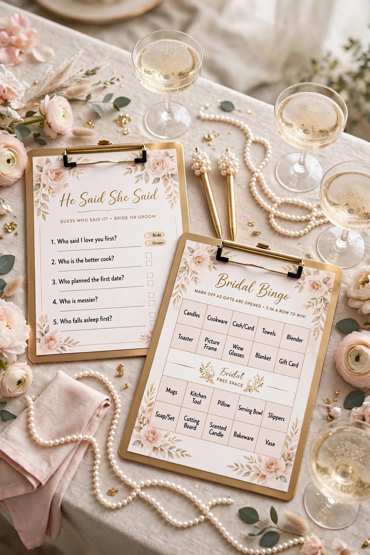 Elegant pearls and prosecco bridal shower games with gold clipboards and blush game cards