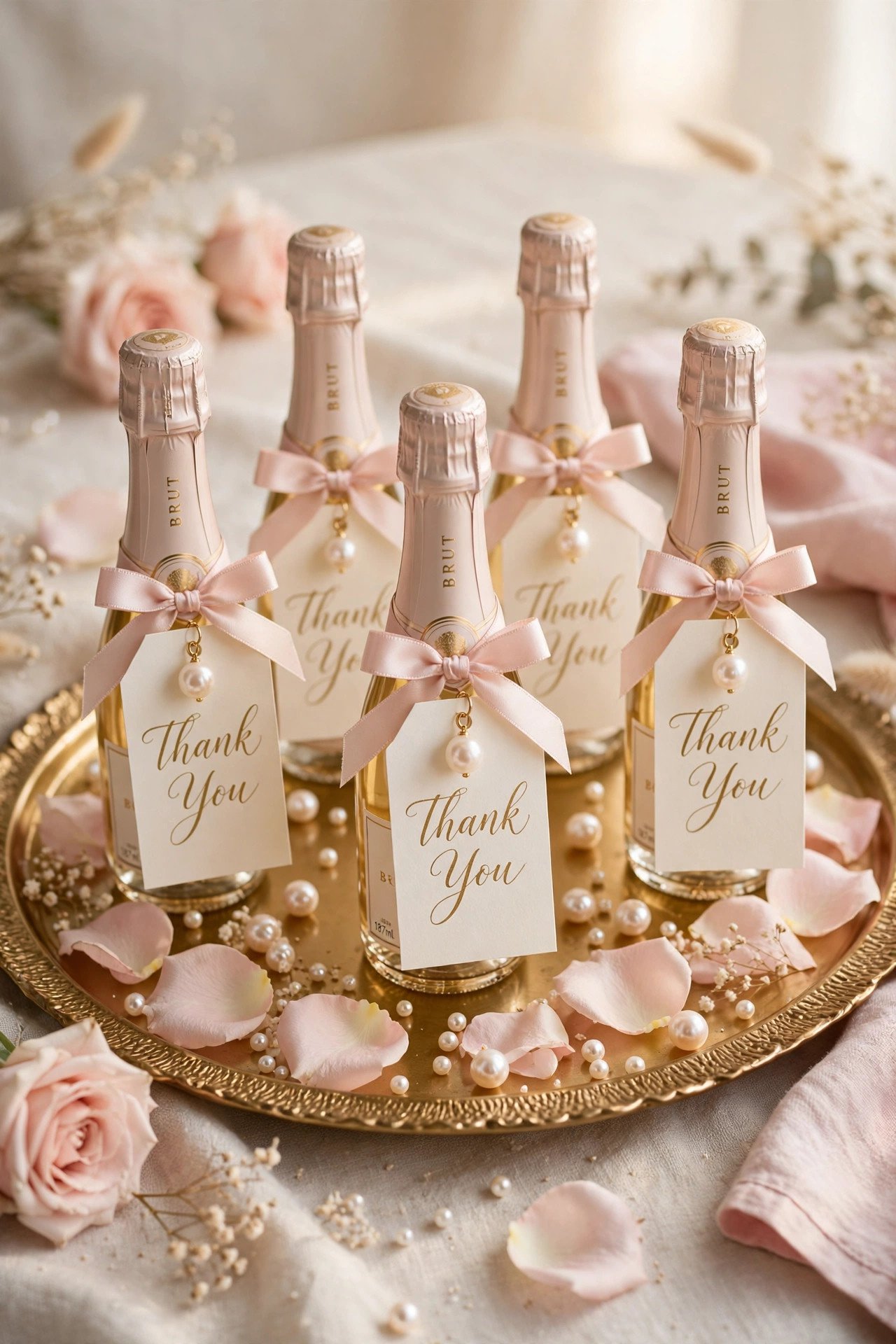 Pearls and prosecco bridal shower favors with mini champagne bottles, blush ribbon and pearl gift tags
