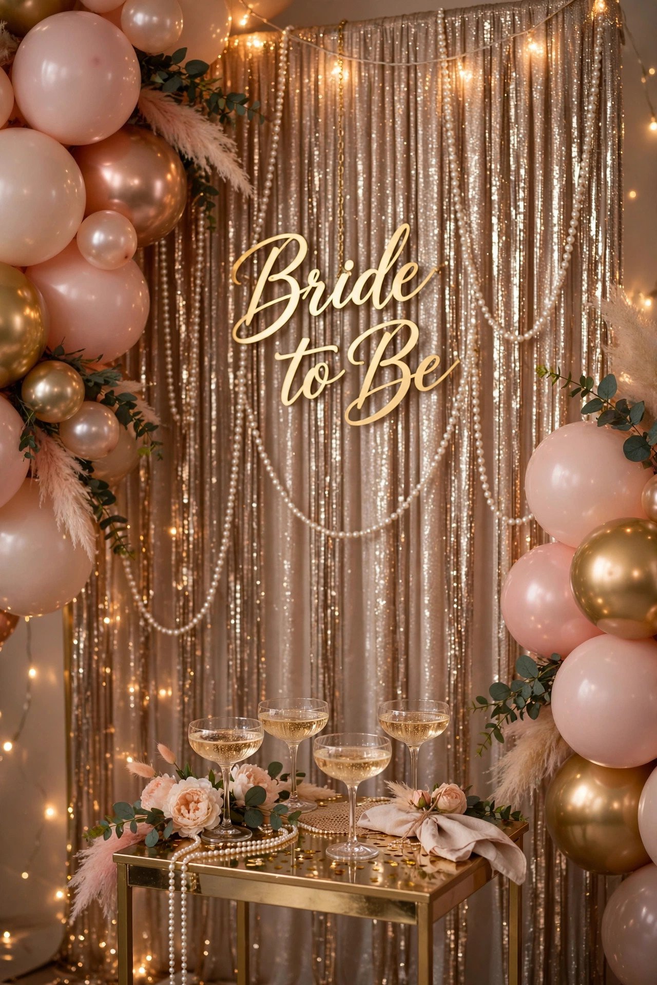 Glamorous pearls and prosecco bridal shower photo backdrop with shimmer curtain, gold Bride to Be sign and balloons