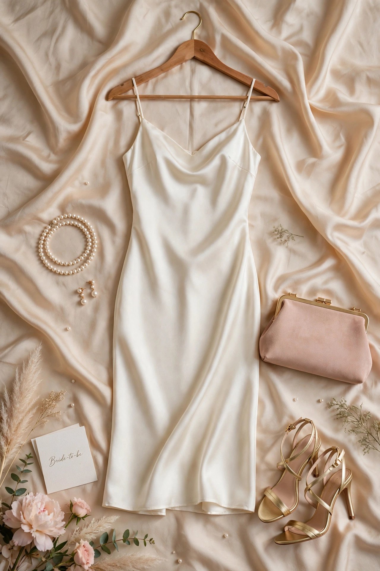 Glamorous bride to be outfit flat lay with ivory satin dress, pearl jewelry, gold heels and blush clutch