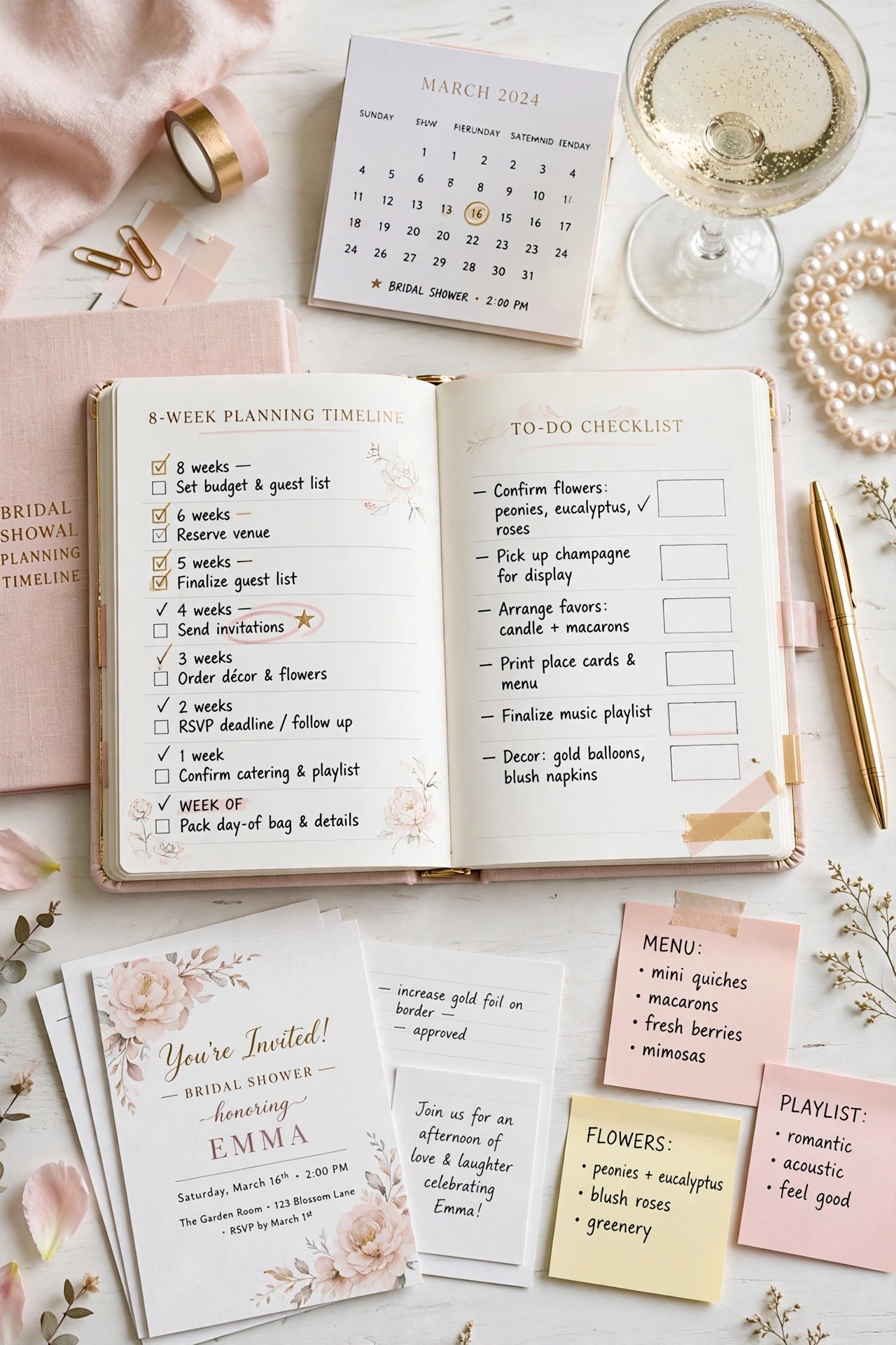Pearls and prosecco bridal shower planning timeline with blush planner, checklist, gold pen and champagne