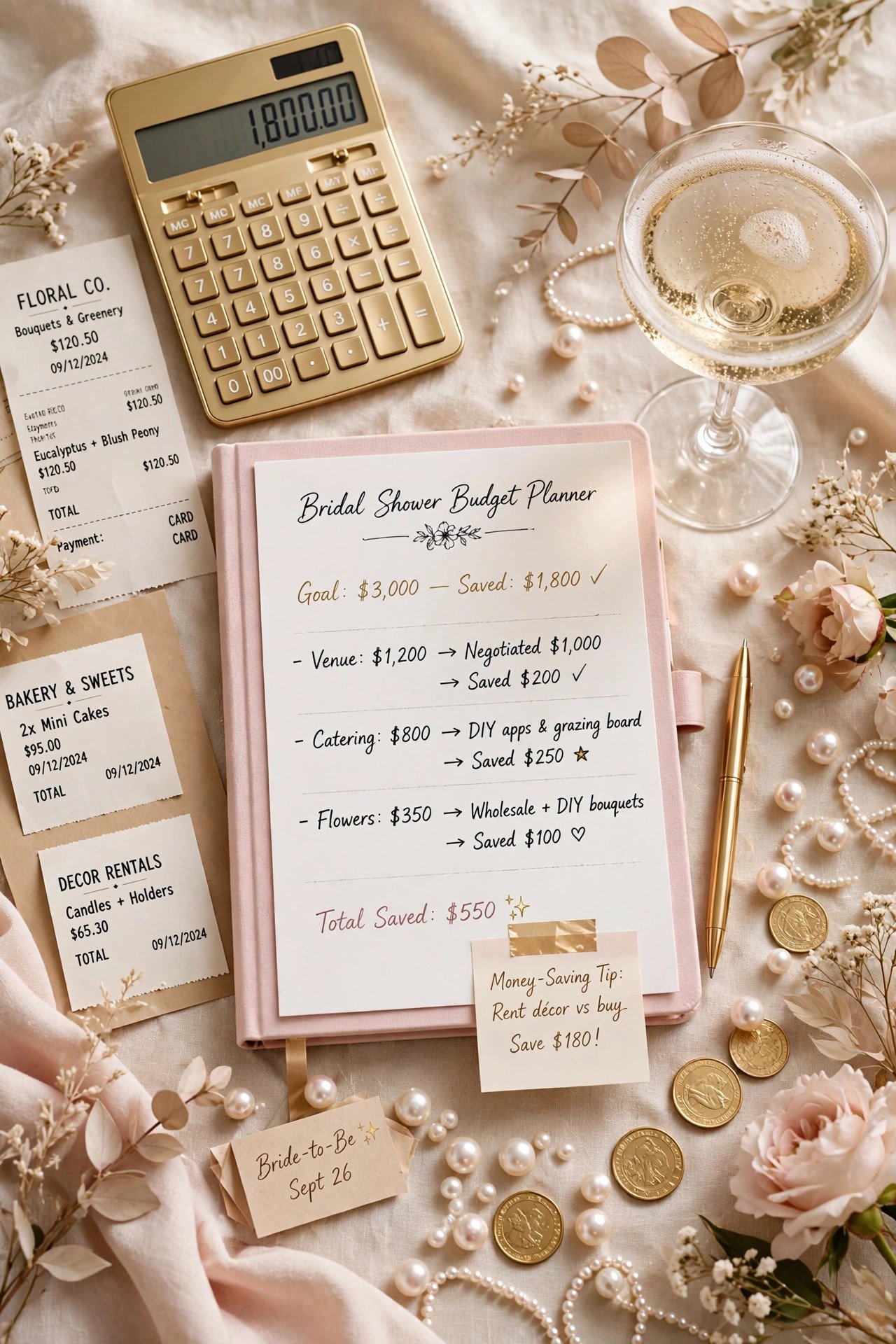 Pearls and prosecco bridal shower budget planning flat lay with gold calculator, planner, pearls and champagne