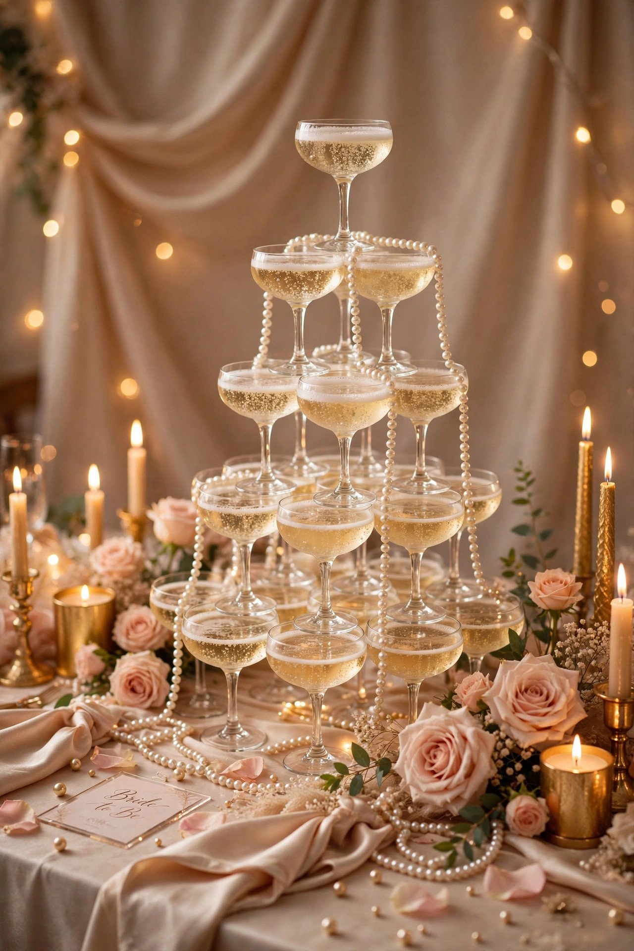 Glamorous pearls and prosecco bridal shower scene with a champagne coupe tower, pearl decor, blush roses and gold accents