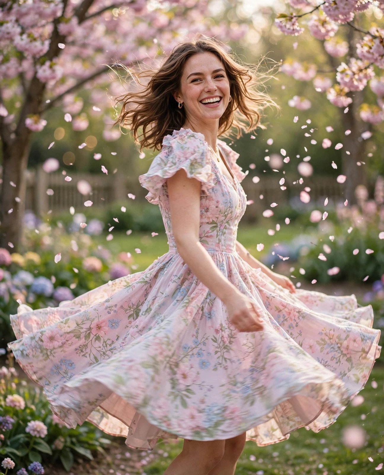 Woman twirling in a pastel floral midi dress in a spring garden