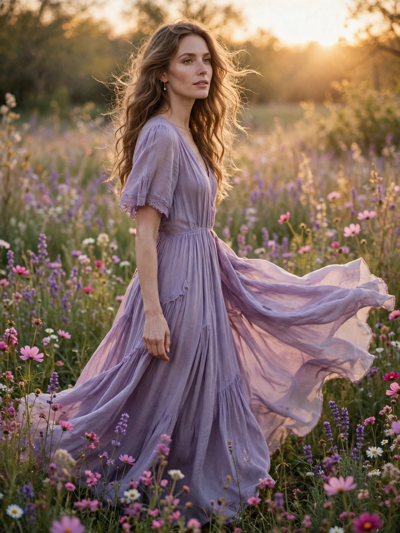 Graceful woman in a flowing lavender maxi dress walking through a spring wildflower meadow