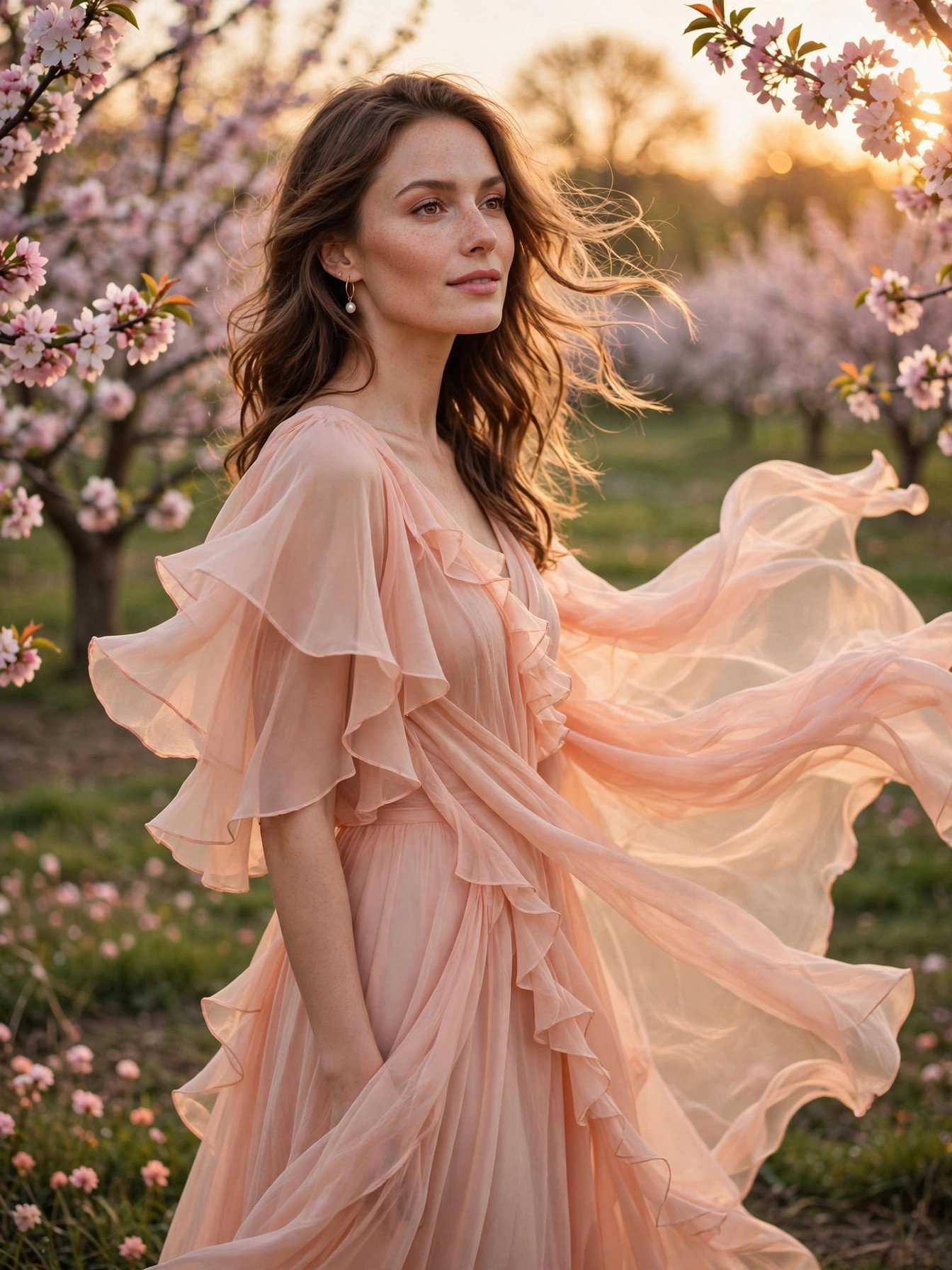 Glamorous woman in a flowing peach chiffon maxi dress in a spring orchard at golden hour