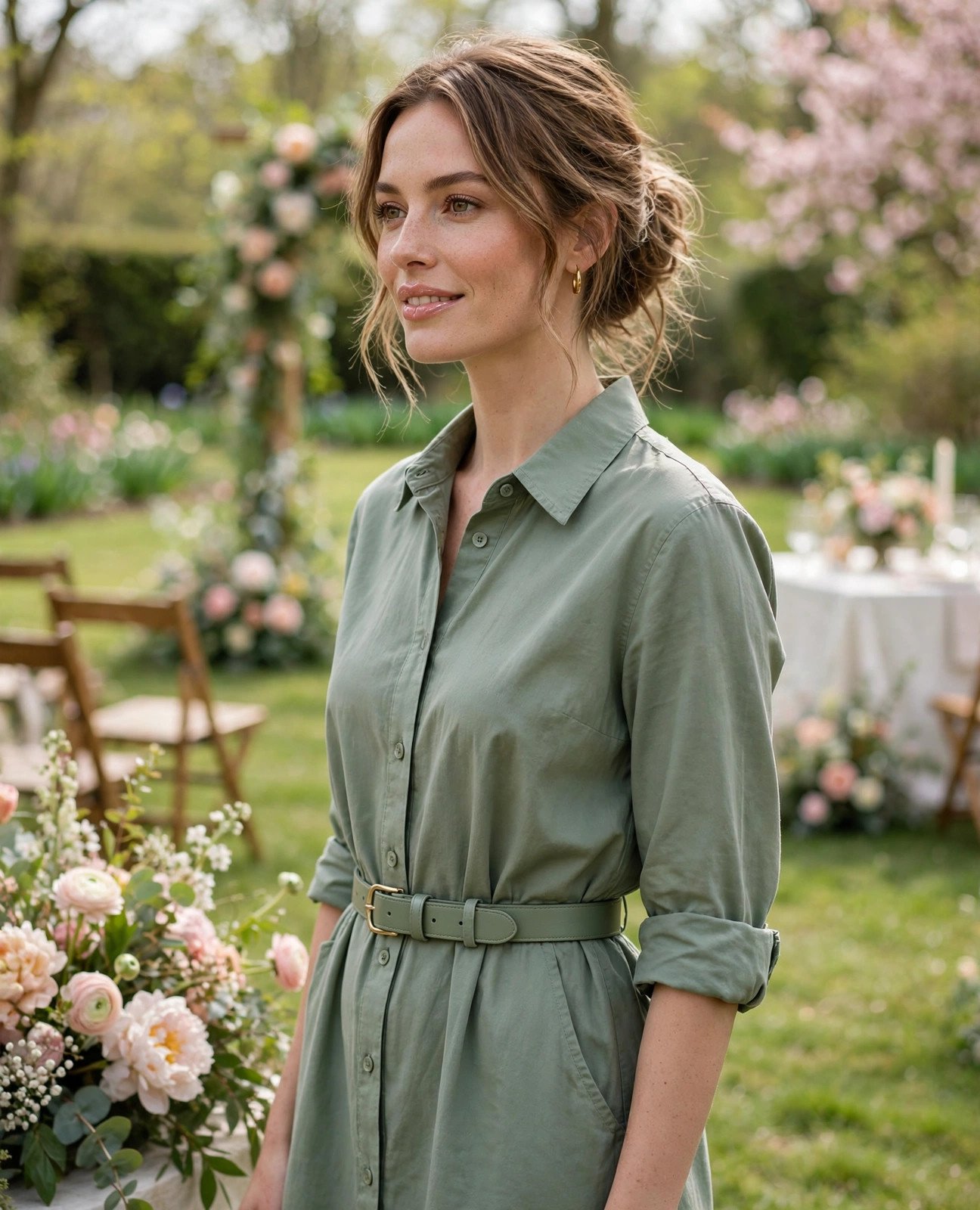 Polished woman in a sage green belted shirt dress on a spring wedding lawn