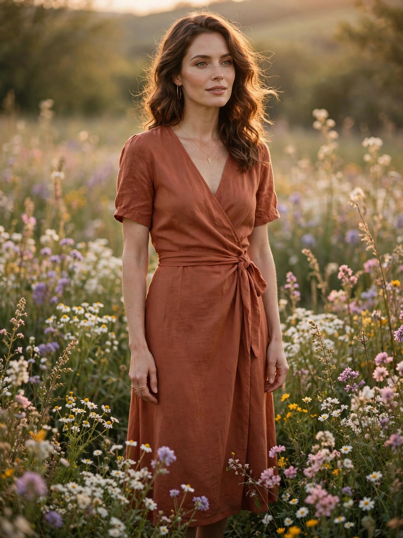 Elegant woman in a terracotta wrap midi dress among spring wildflowers at golden hour