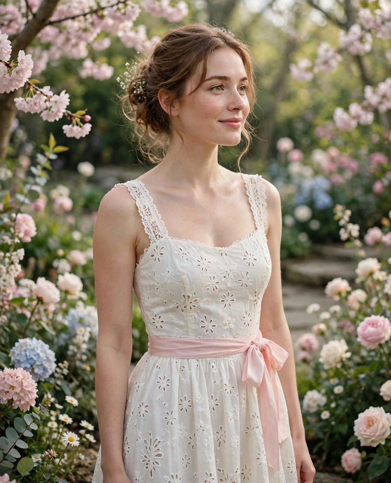 Fresh-faced woman in an ivory eyelet sundress with a pastel sash in a spring garden