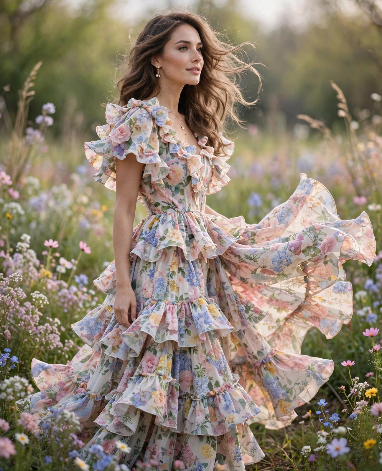 Stunning woman in a tiered floral ruffle maxi dress in a spring flower field