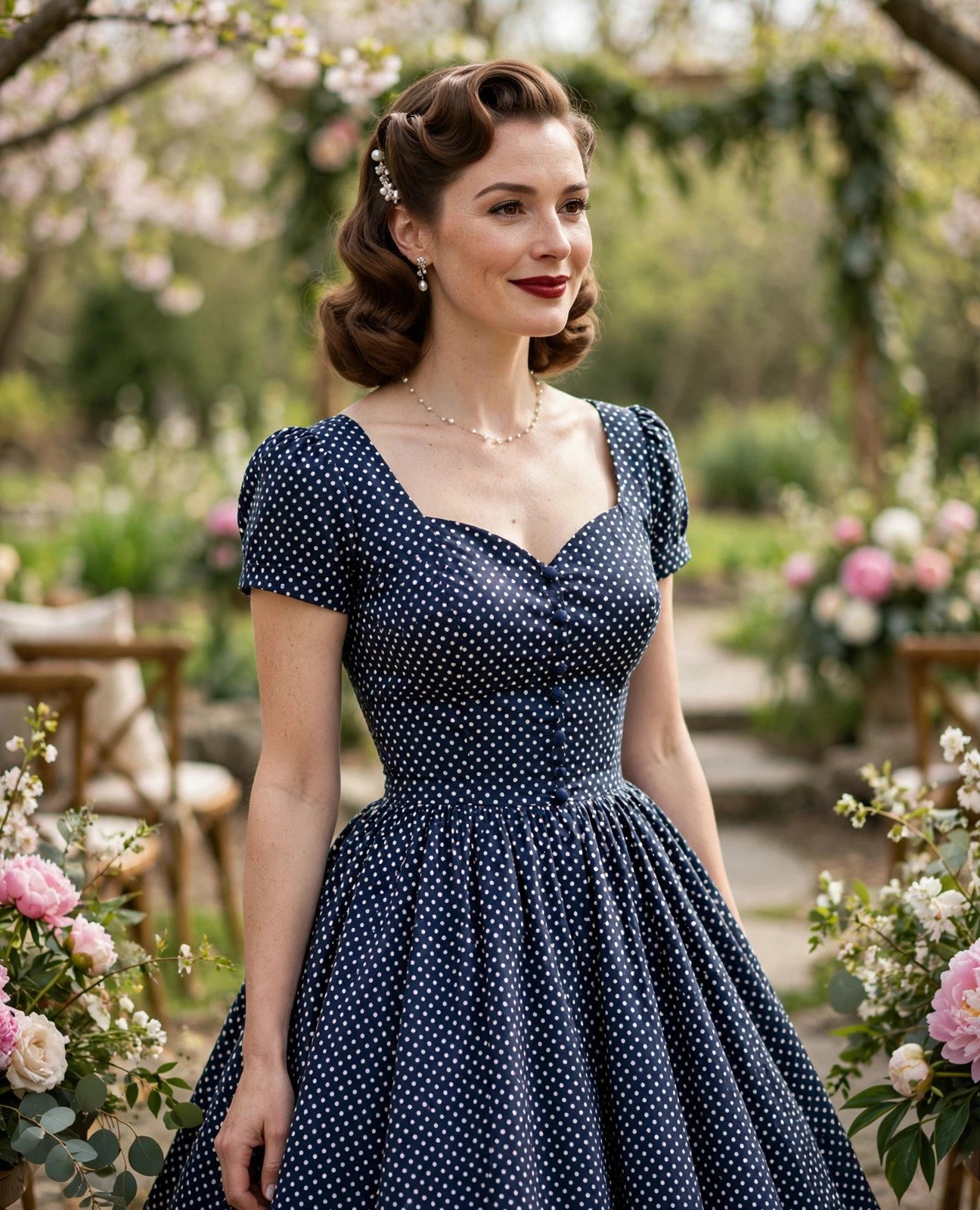 Vintage-chic woman in a navy and white polka dot tea-length swing dress at a spring garden wedding