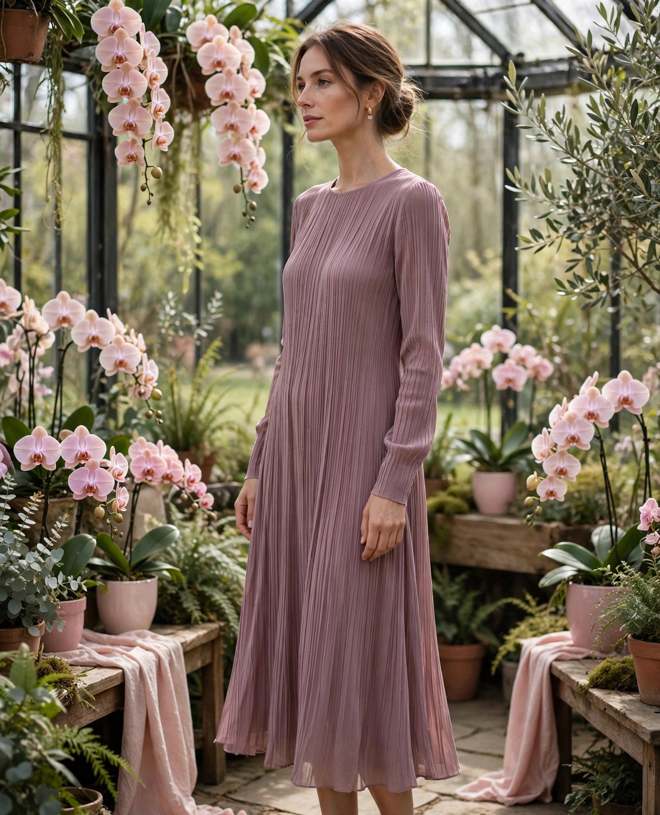 Sophisticated woman in a mauve plissé midi dress in a spring conservatory with orchids