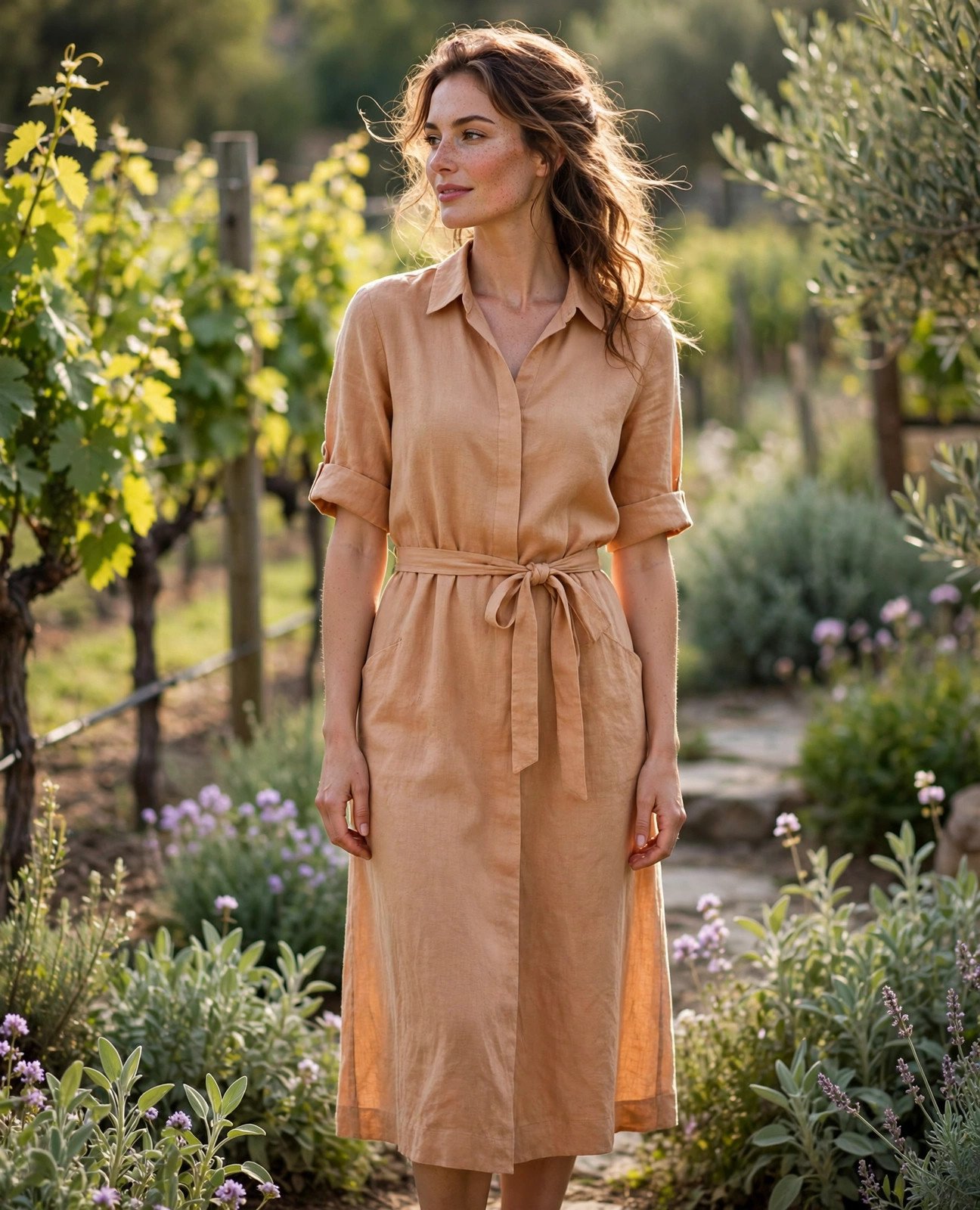 Natural beauty in an apricot linen midi dress in a sunlit spring vineyard garden