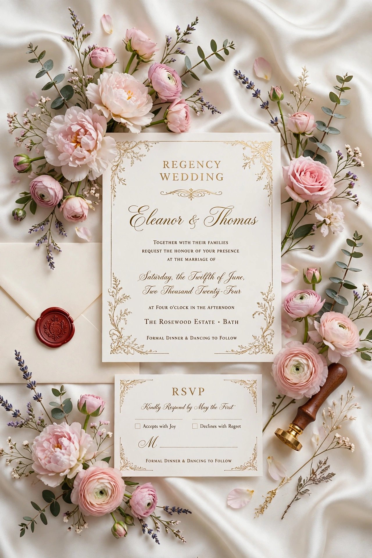 Bridgerton-inspired wedding invitation suite with wax seal and gold calligraphy